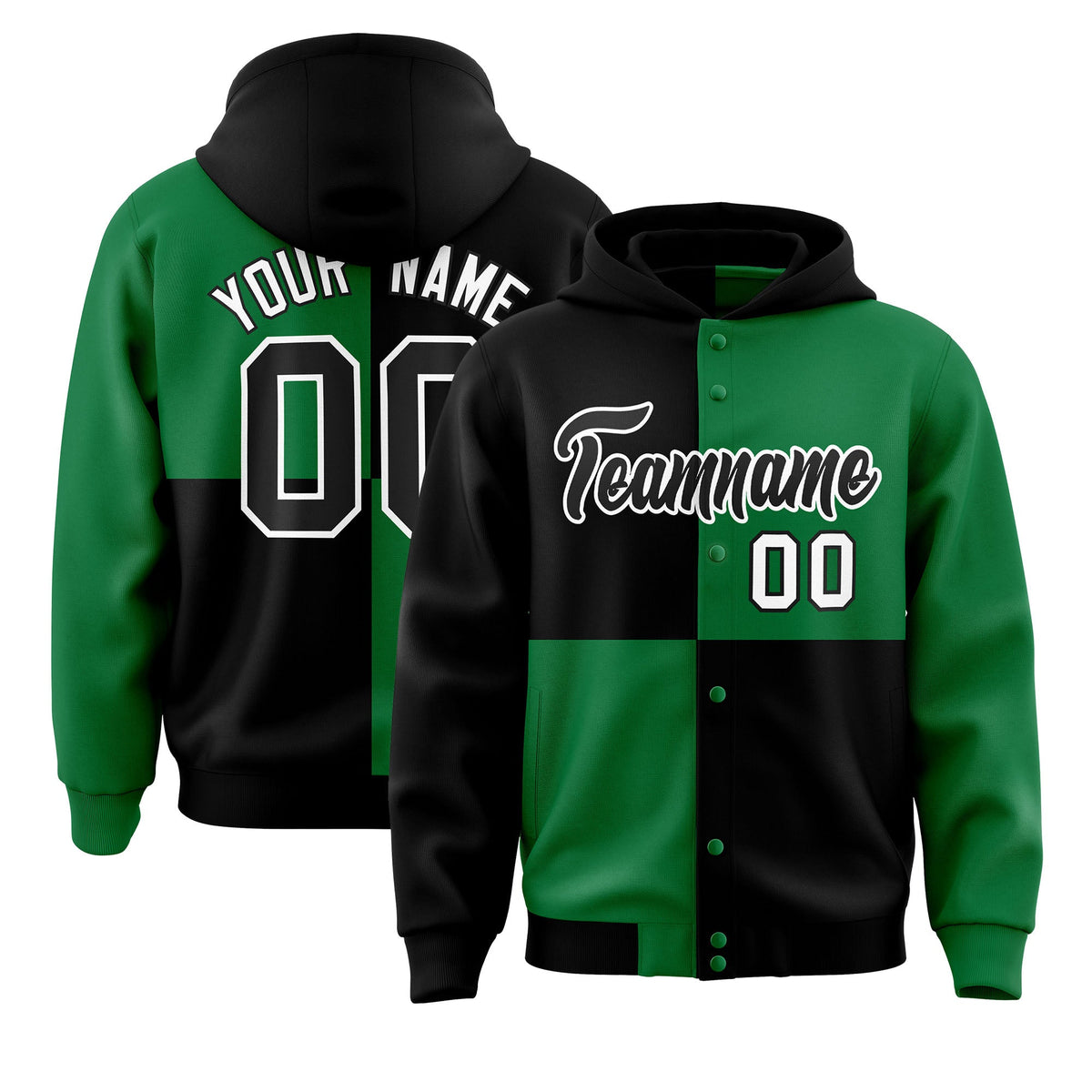 Custom Black Kelly Green Varsity Full-Snap Four Squares Color Block Letterman Jacket Hoodie| KXKSHOP