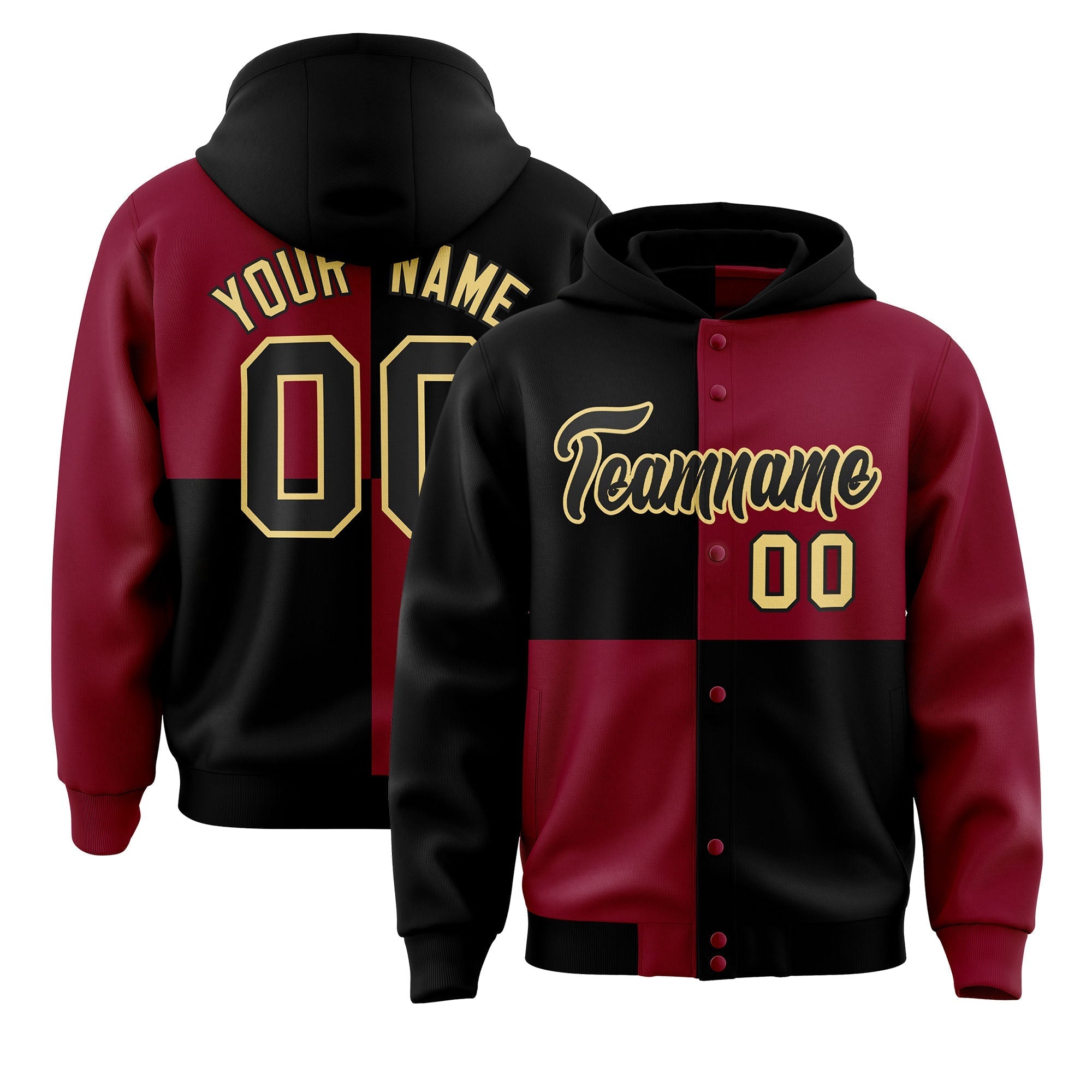 Custom Black Crimson Varsity Full-Snap Four Squares Color Block Letterman Jacket Hoodie| KXKSHOP