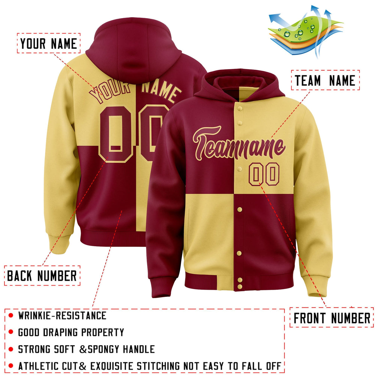 Custom Crimson Khaki Varsity Full-Snap Four Squares Color Block Letterman Jacket Hoodie| KXKSHOP