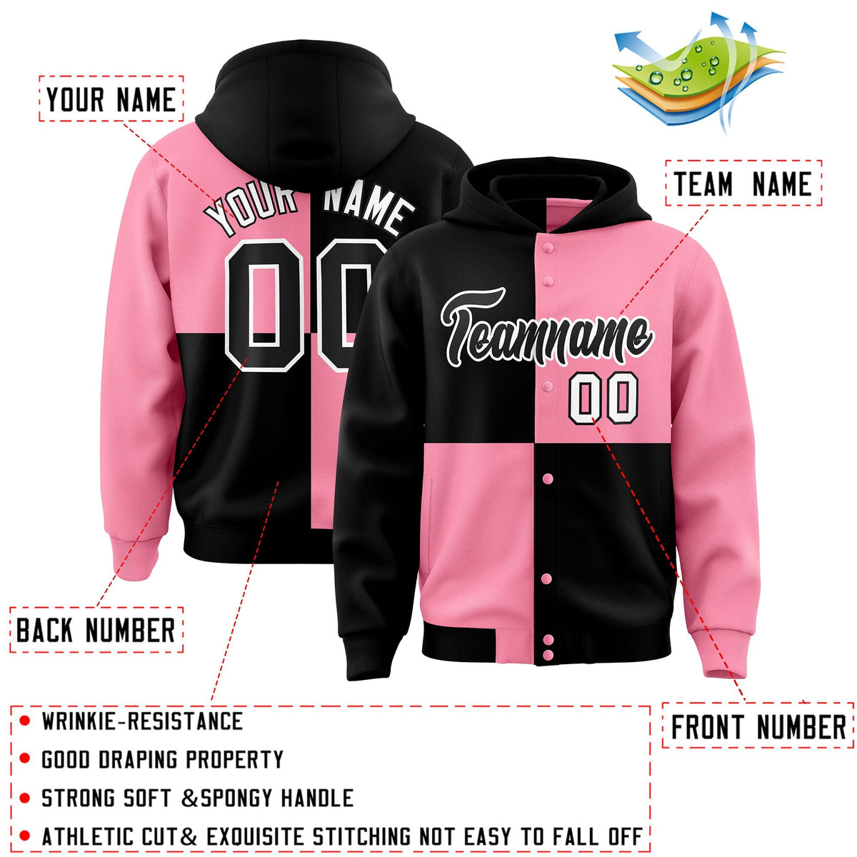 Custom Black Light Pink Varsity Full-Snap Four Squares Color Block Letterman Jacket Hoodie| KXKSHOP