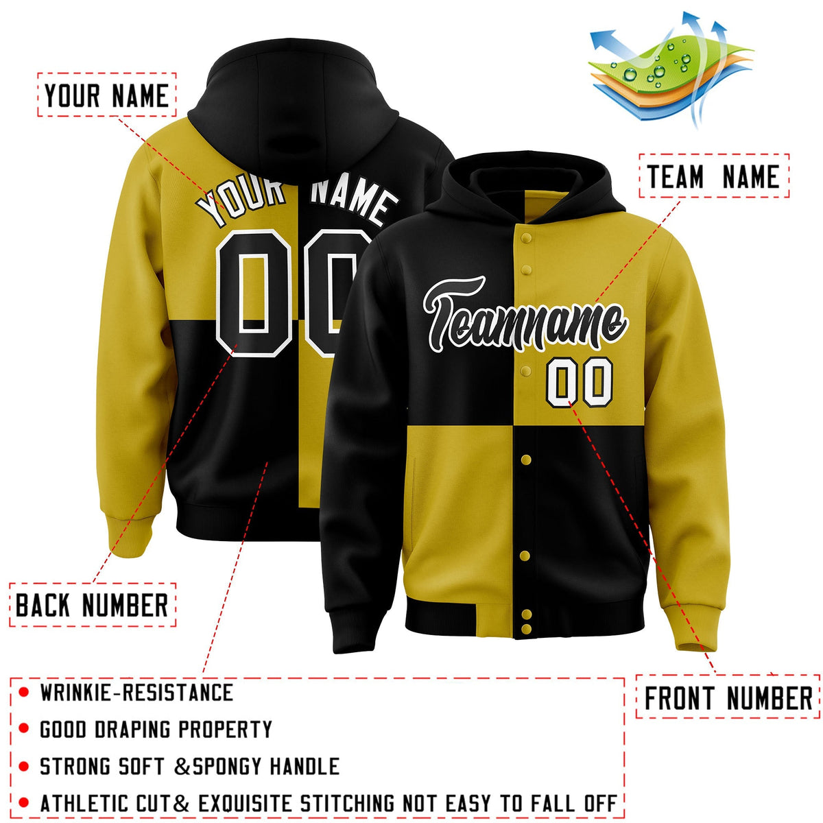 Custom Black Old Gold Varsity Full-Snap Four Squares Color Block Letterman Jacket Hoodie| KXKSHOP