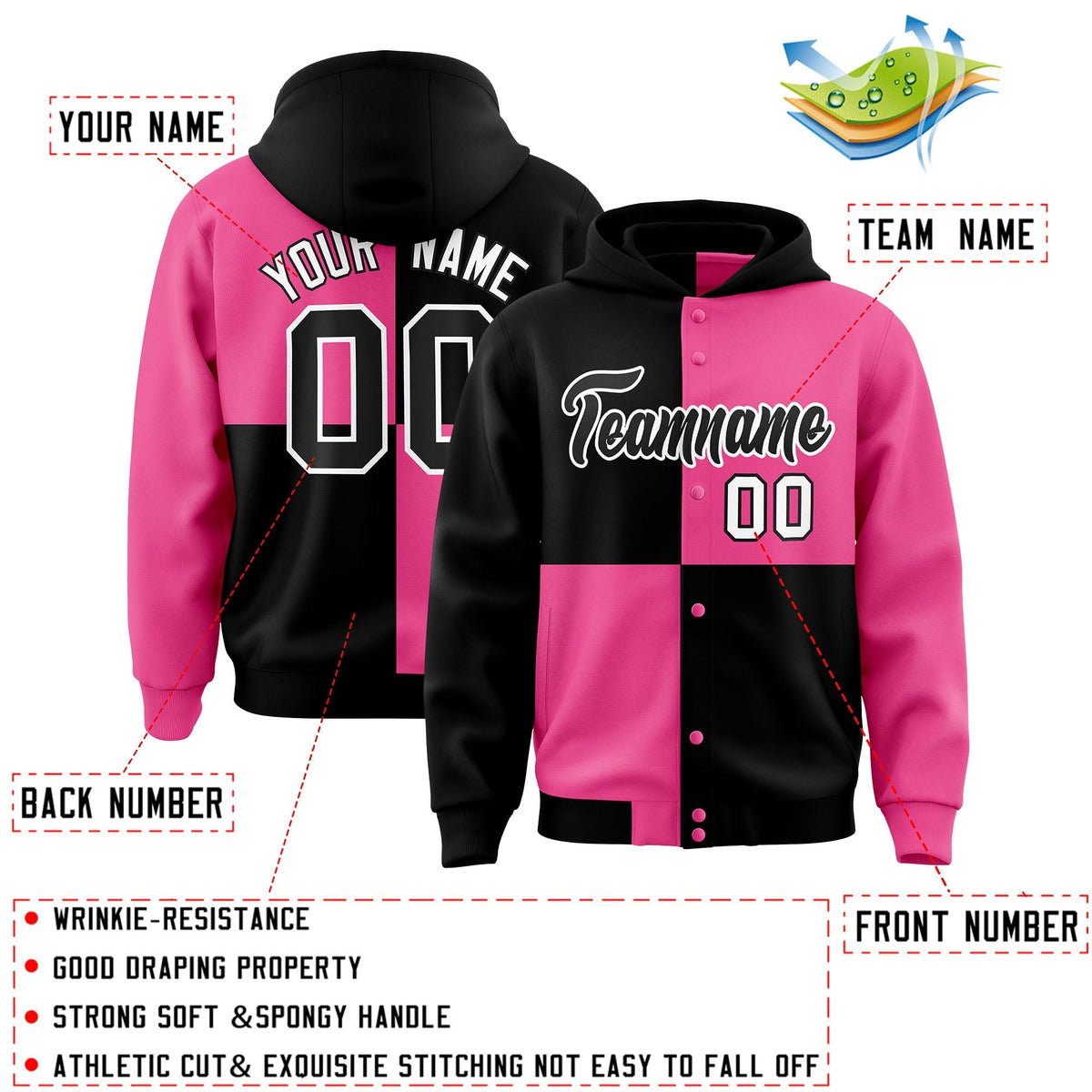 Custom Black Pink Varsity Full-Snap Four Squares Color Block Letterman Jacket Hoodie| KXKSHOP