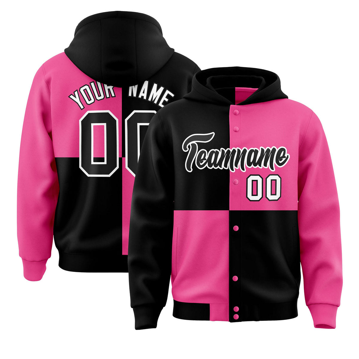 Custom Black Pink Varsity Full-Snap Four Squares Color Block Letterman Jacket Hoodie| KXKSHOP