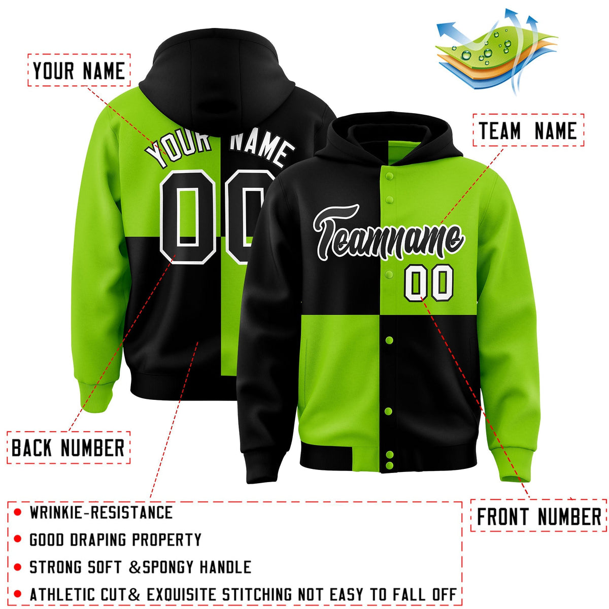 Custom Black Neon Green Varsity Full-Snap Four Squares Color Block Letterman Jacket Hoodie| KXKSHOP