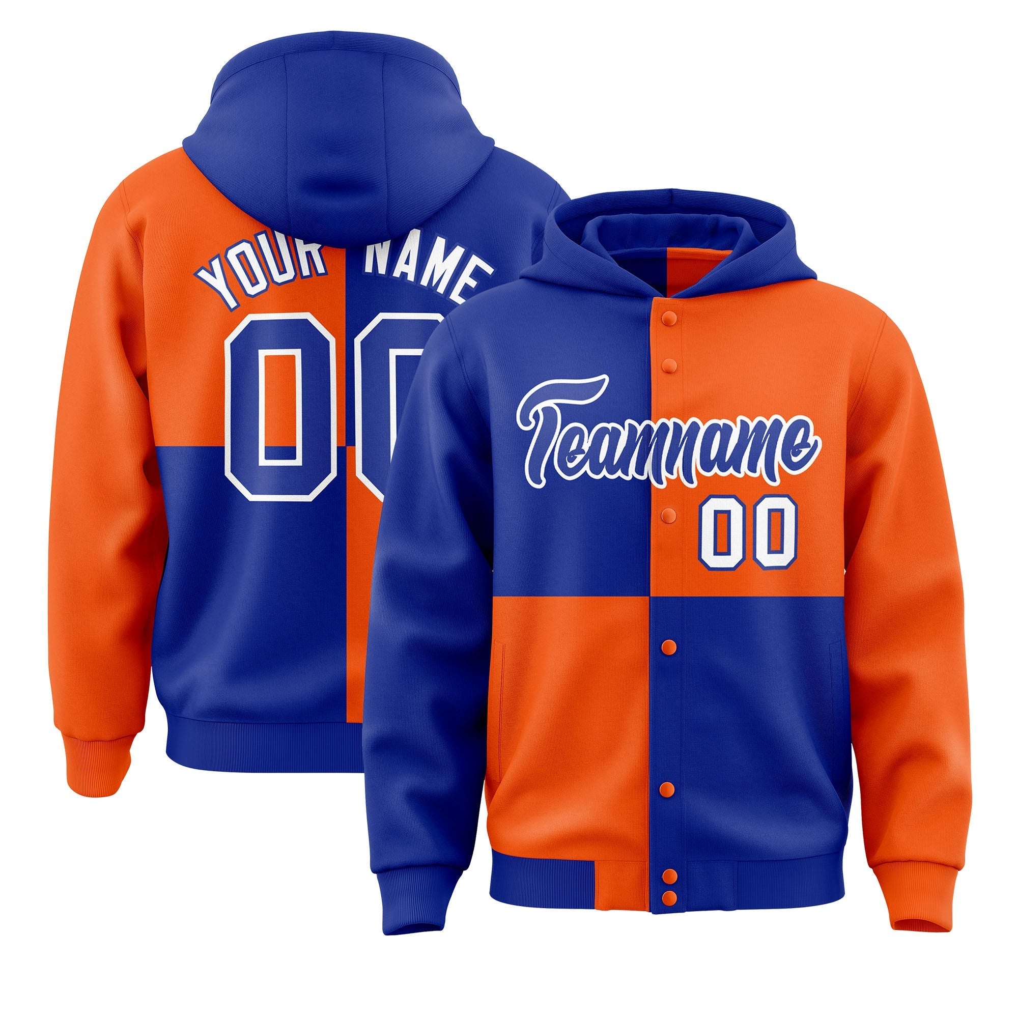Custom Royal Orange Varsity Full-Snap Four Squares Color Block Letterman Jacket Hoodie| KXKSHOP
