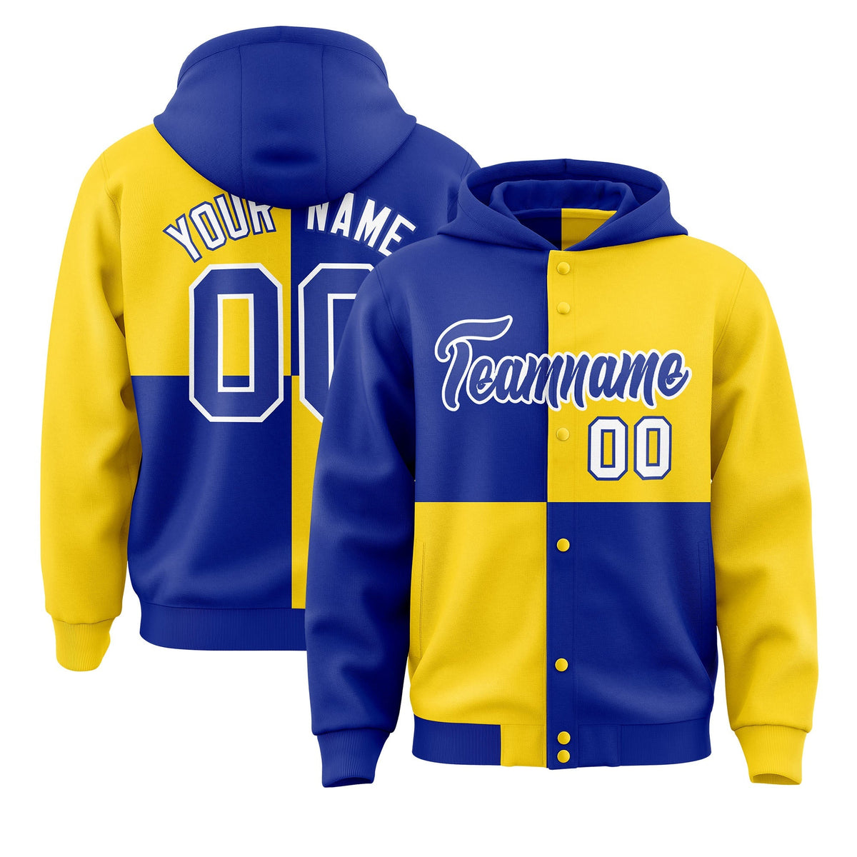 Custom Royal Gold Varsity Full-Snap Four Squares Color Block Letterman Jacket Hoodie| KXKSHOP