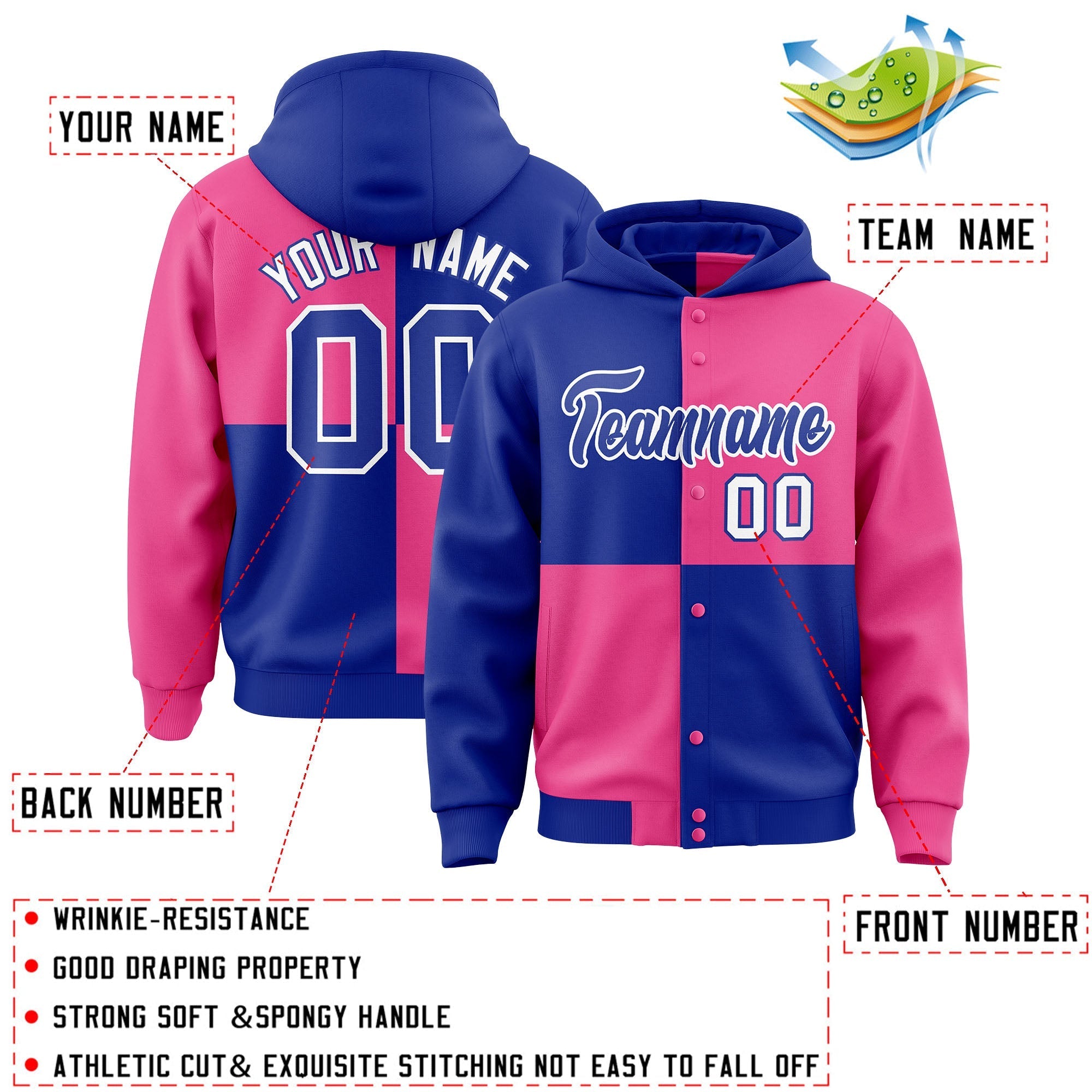 Custom Royal Pink Varsity Full-Snap Four Squares Color Block Letterman Jacket Hoodie| KXKSHOP