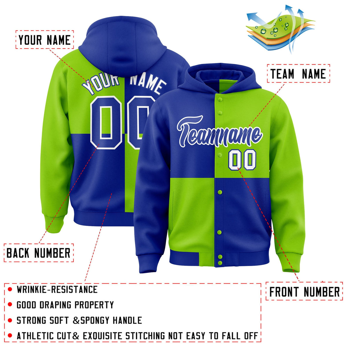 Custom Royal Neon Green Varsity Full-Snap Four Squares Color Block Letterman Jacket Hoodie| KXKSHOP