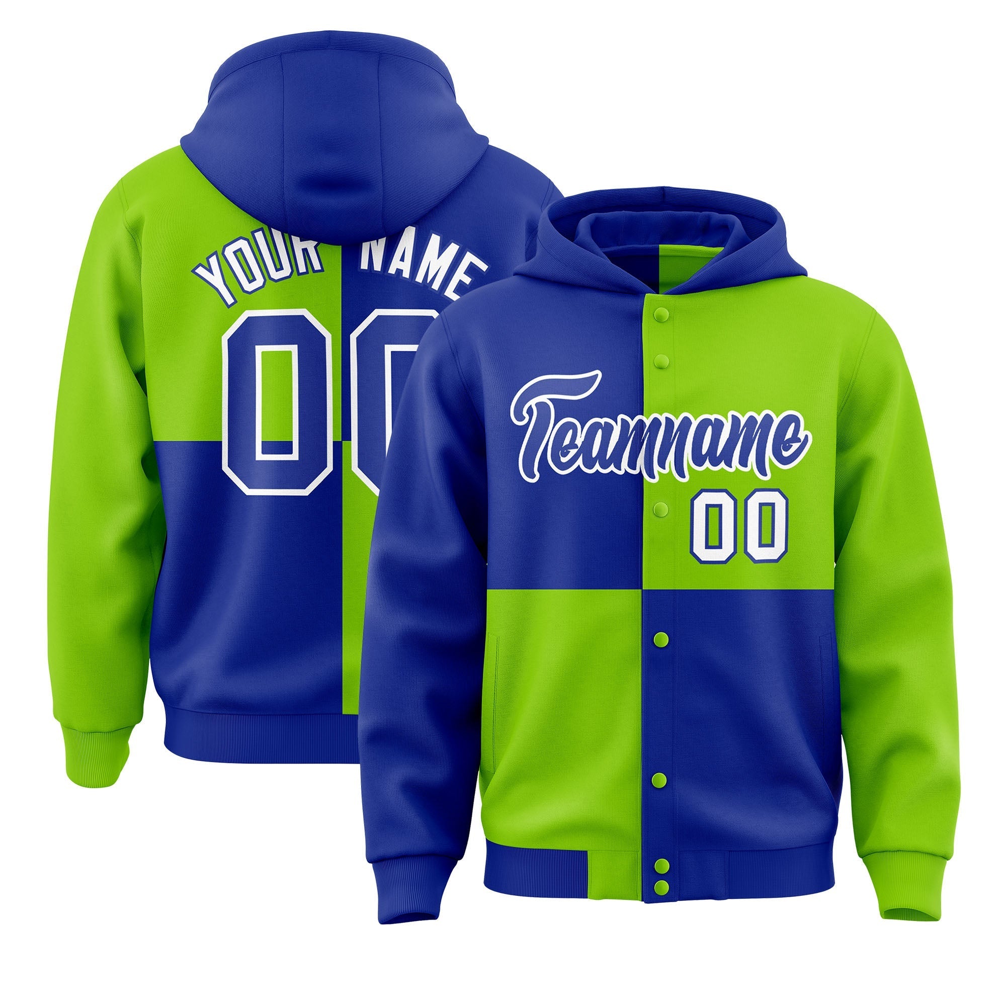 Custom Royal Neon Green Varsity Full-Snap Four Squares Color Block Letterman Jacket Hoodie| KXKSHOP