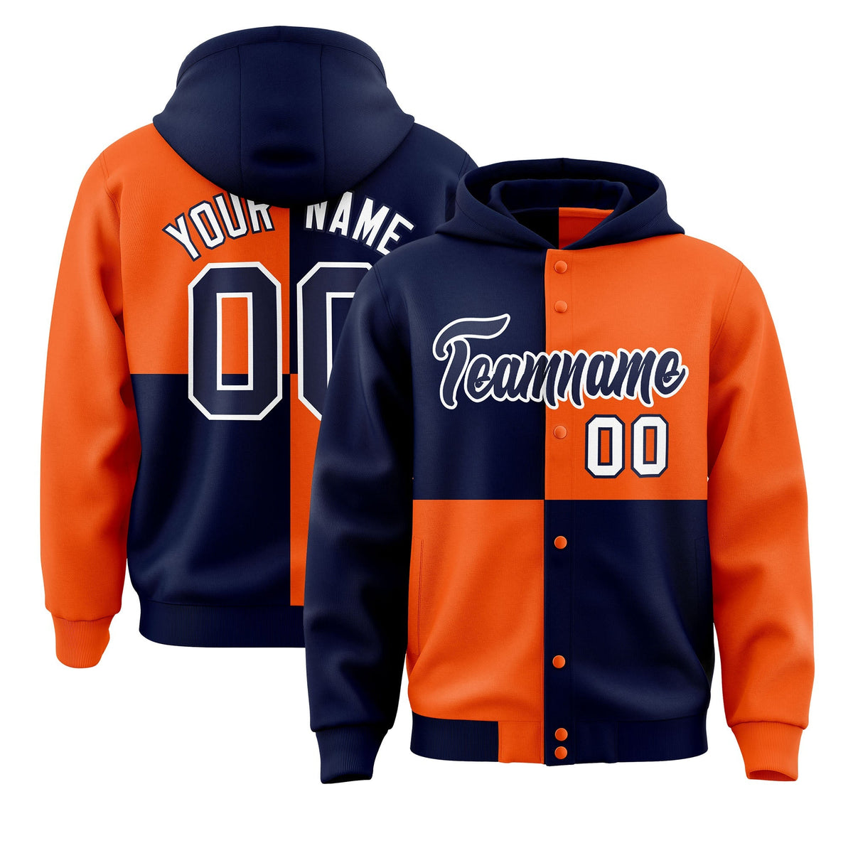 Custom Navy Orange Varsity Full-Snap Four Squares Color Block Letterman Jacket Hoodie| KXKSHOP
