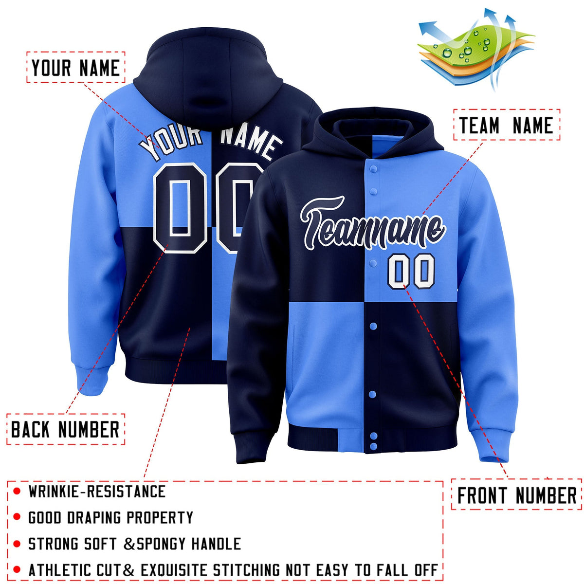 Custom Navy Powder Blue Varsity Full-Snap Four Squares Color Block Letterman Jacket Hoodie| KXKSHOP