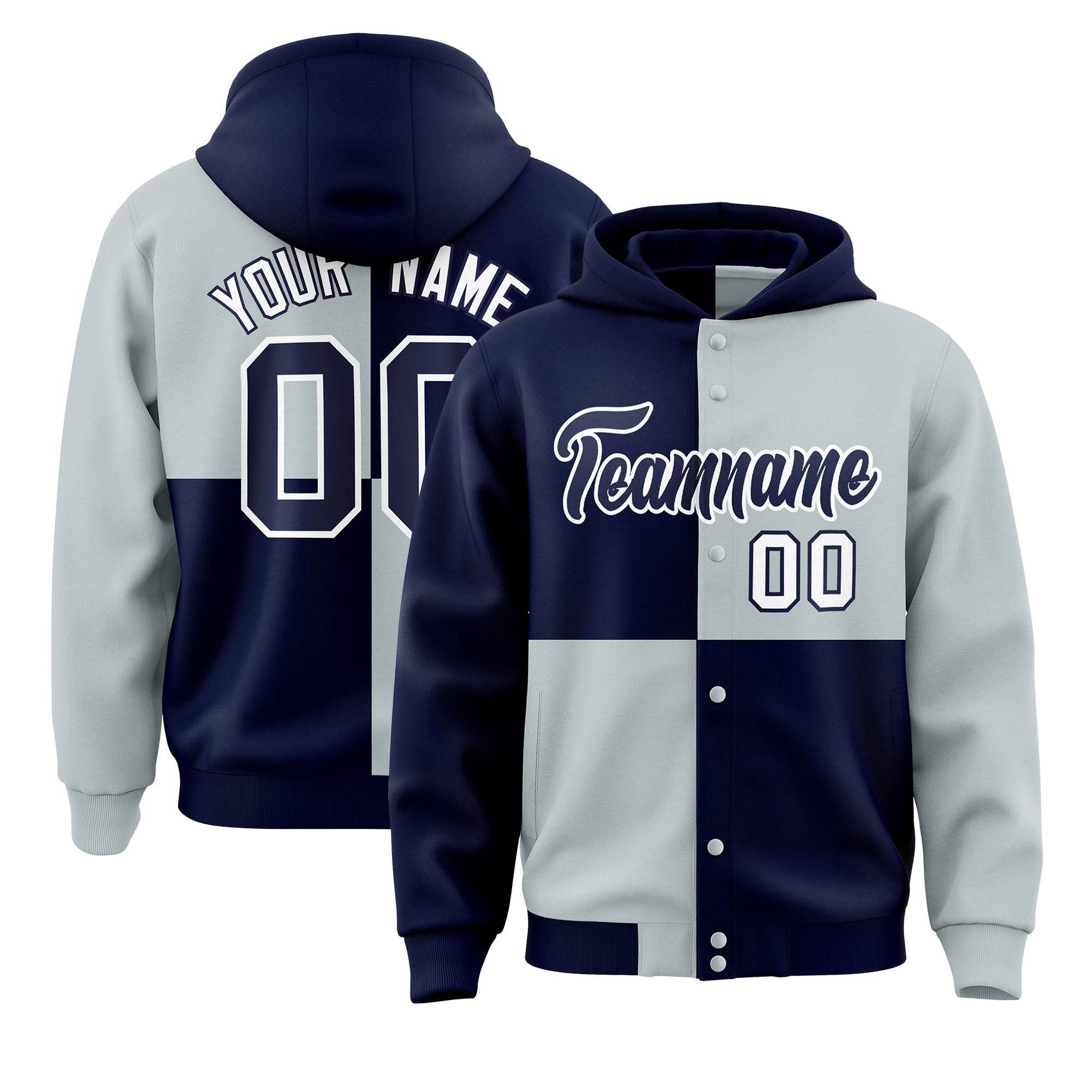 Custom Navy Silver Varsity Full-Snap Four Squares Color Block Letterman Jacket Hoodie| KXKSHOP