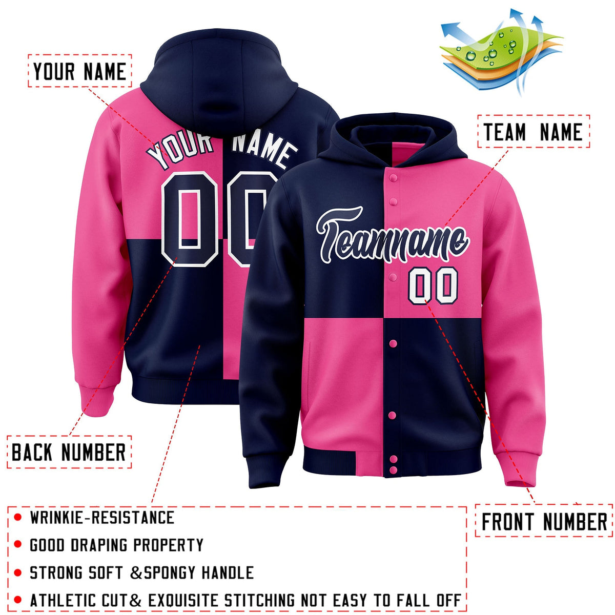 Custom Navy Pink Varsity Full-Snap Four Squares Color Block Letterman Jacket Hoodie| KXKSHOP