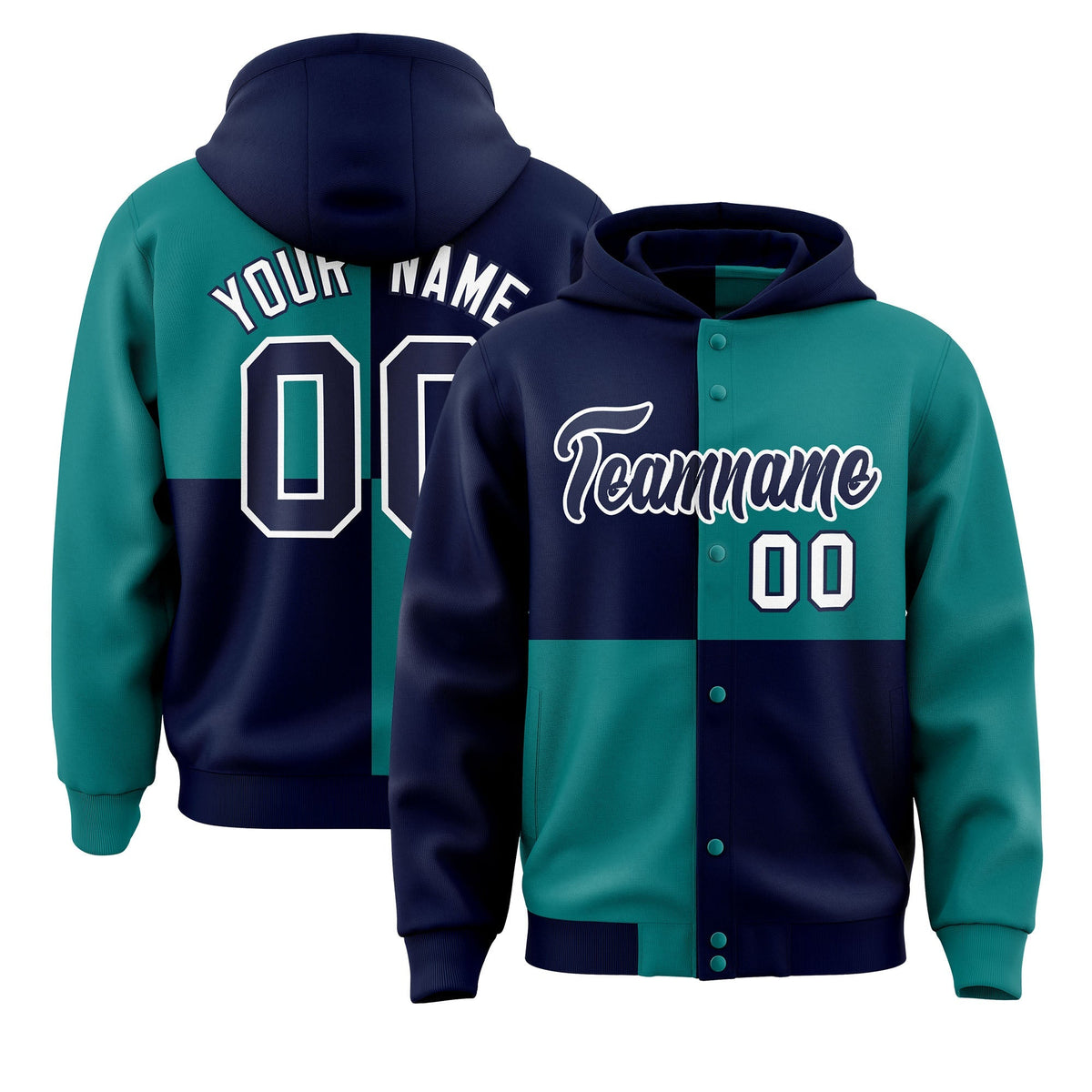 Custom Navy Aqua Varsity Full-Snap Four Squares Color Block Letterman Jacket Hoodie| KXKSHOP