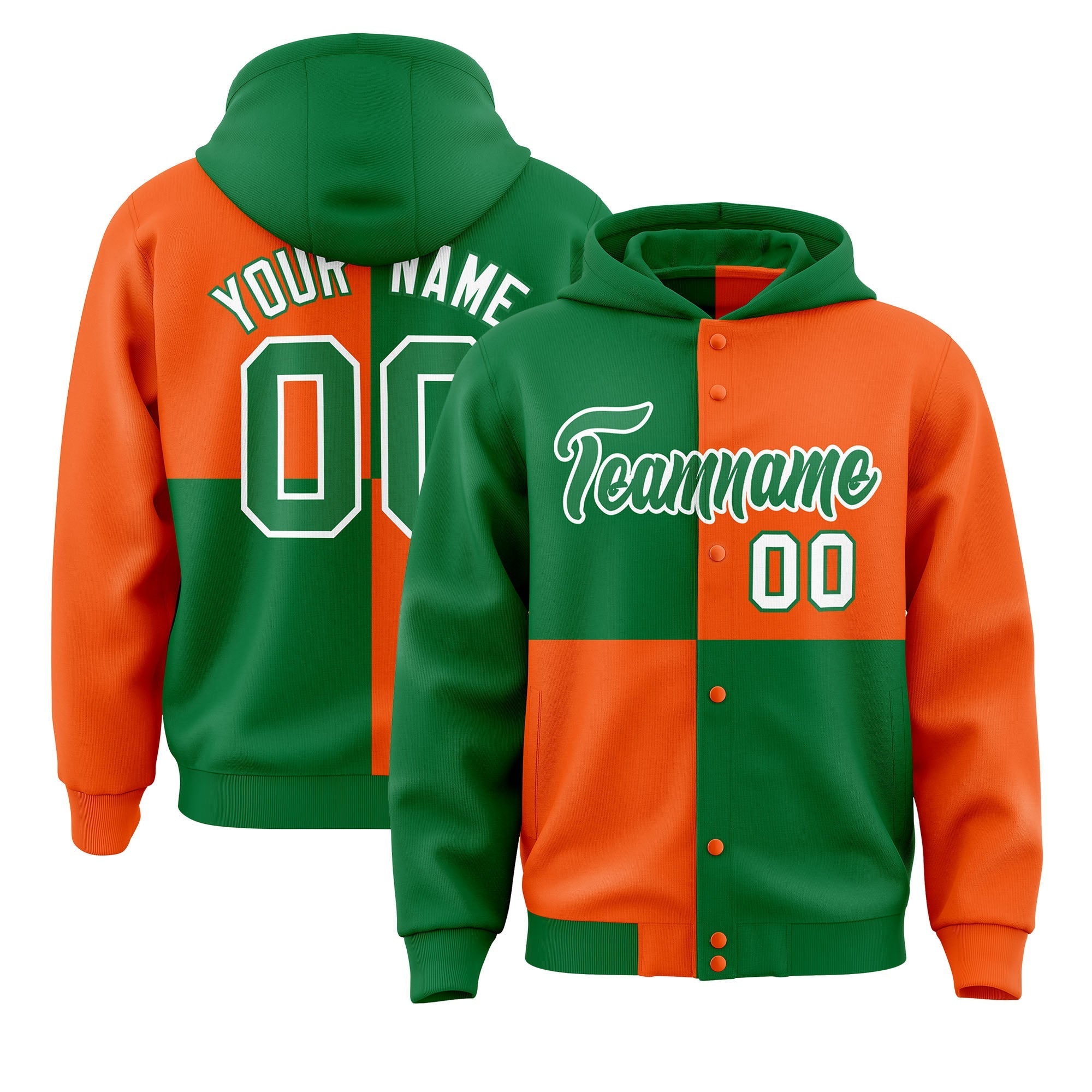 Custom Kelly Green Orange Varsity Full-Snap Four Squares Color Block Letterman Jacket Hoodie| KXKSHOP
