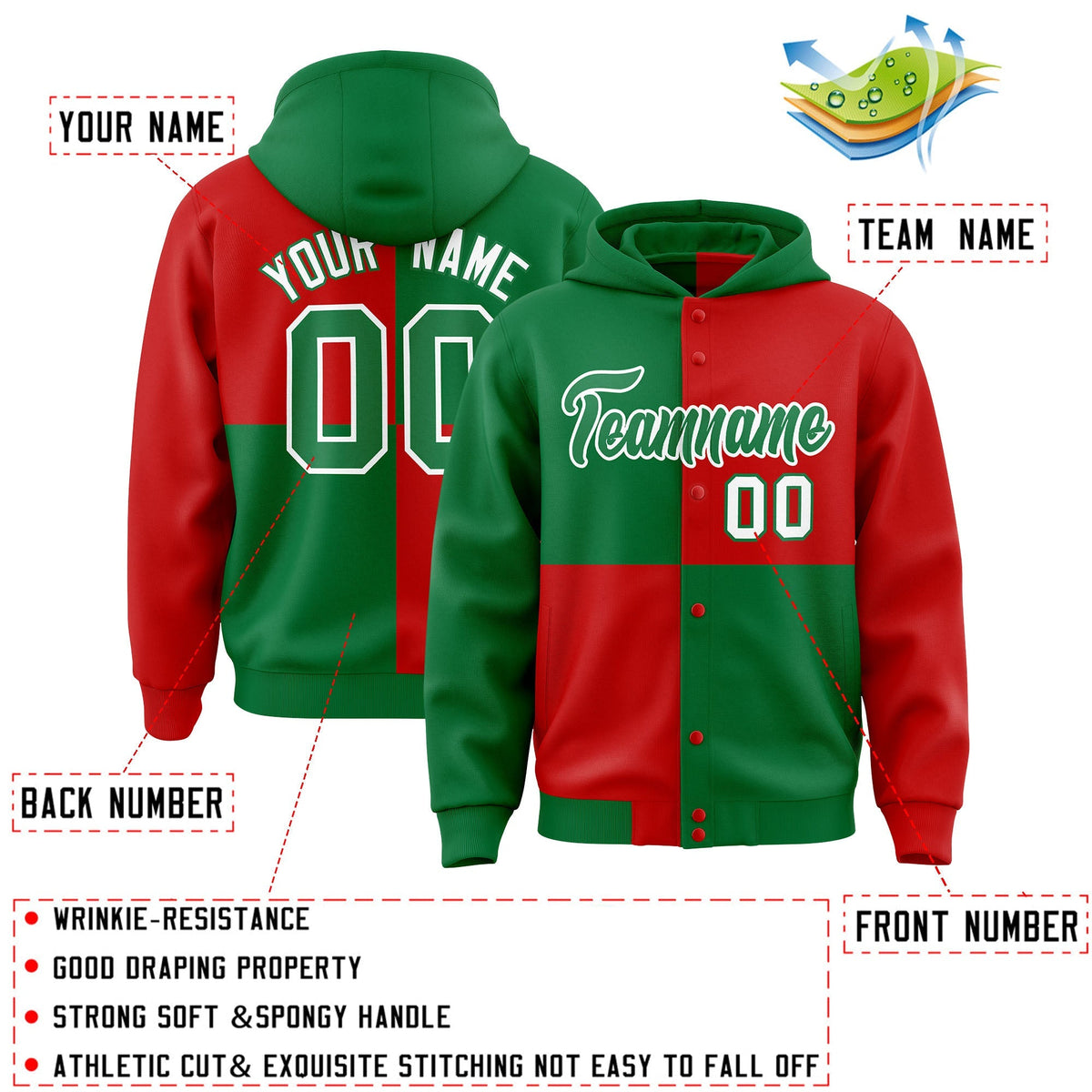 Custom Kelly Green Red Varsity Full-Snap Four Squares Color Block Letterman Jacket Hoodie| KXKSHOP