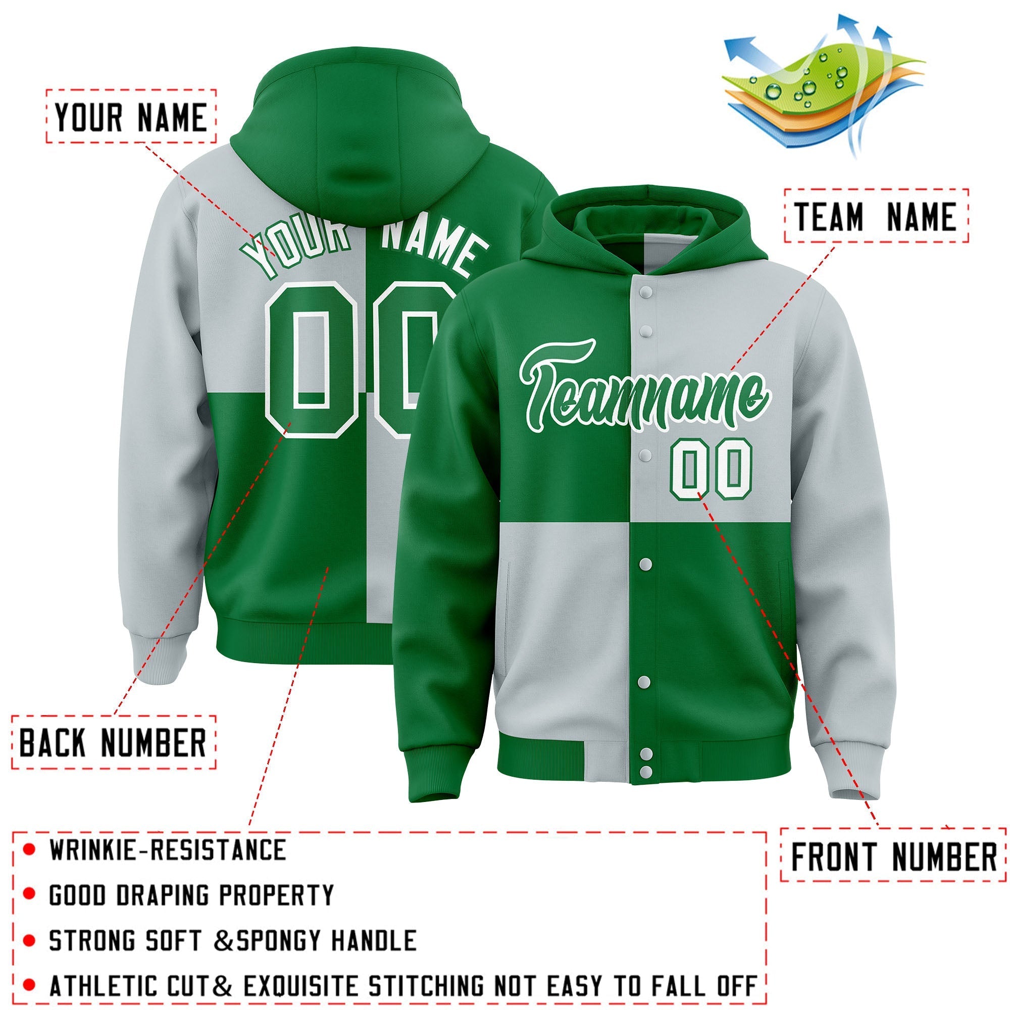 Custom Kelly Green Silver Varsity Full-Snap Four Squares Color Block Letterman Jacket Hoodie| KXKSHOP