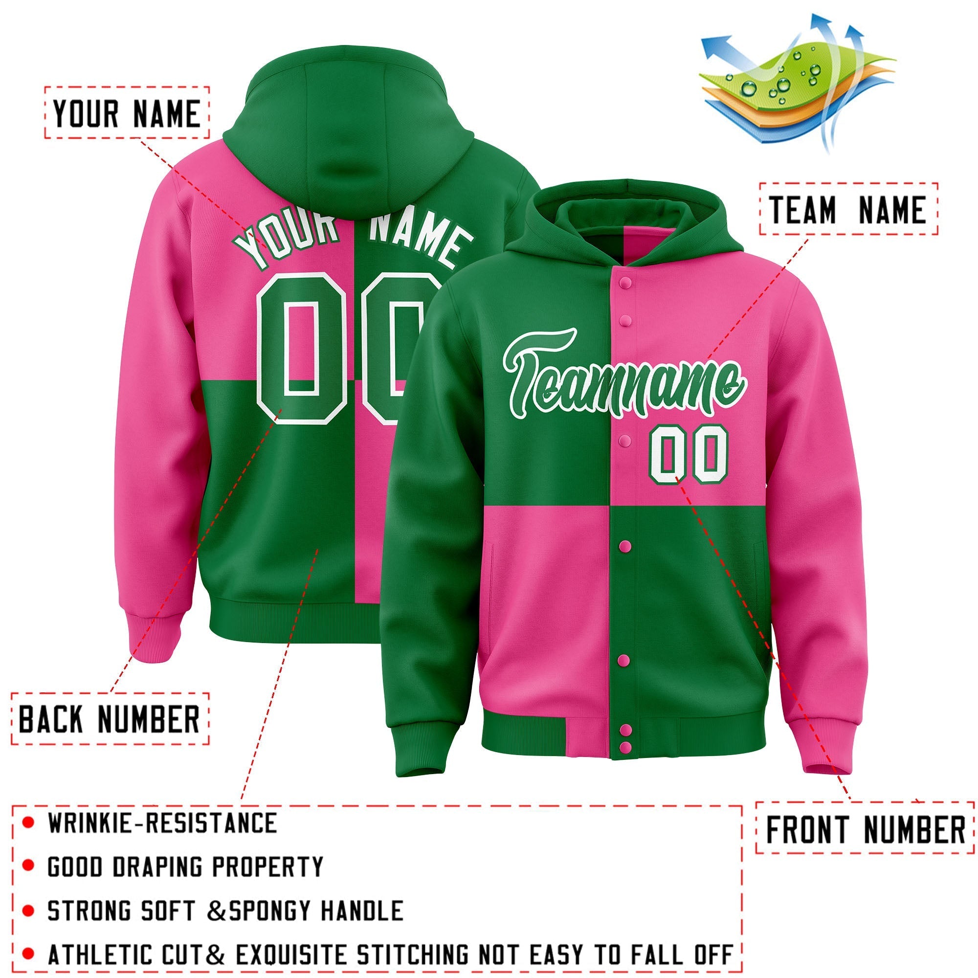 Custom Kelly Green Pink Varsity Full-Snap Four Squares Color Block Letterman Jacket Hoodie| KXKSHOP