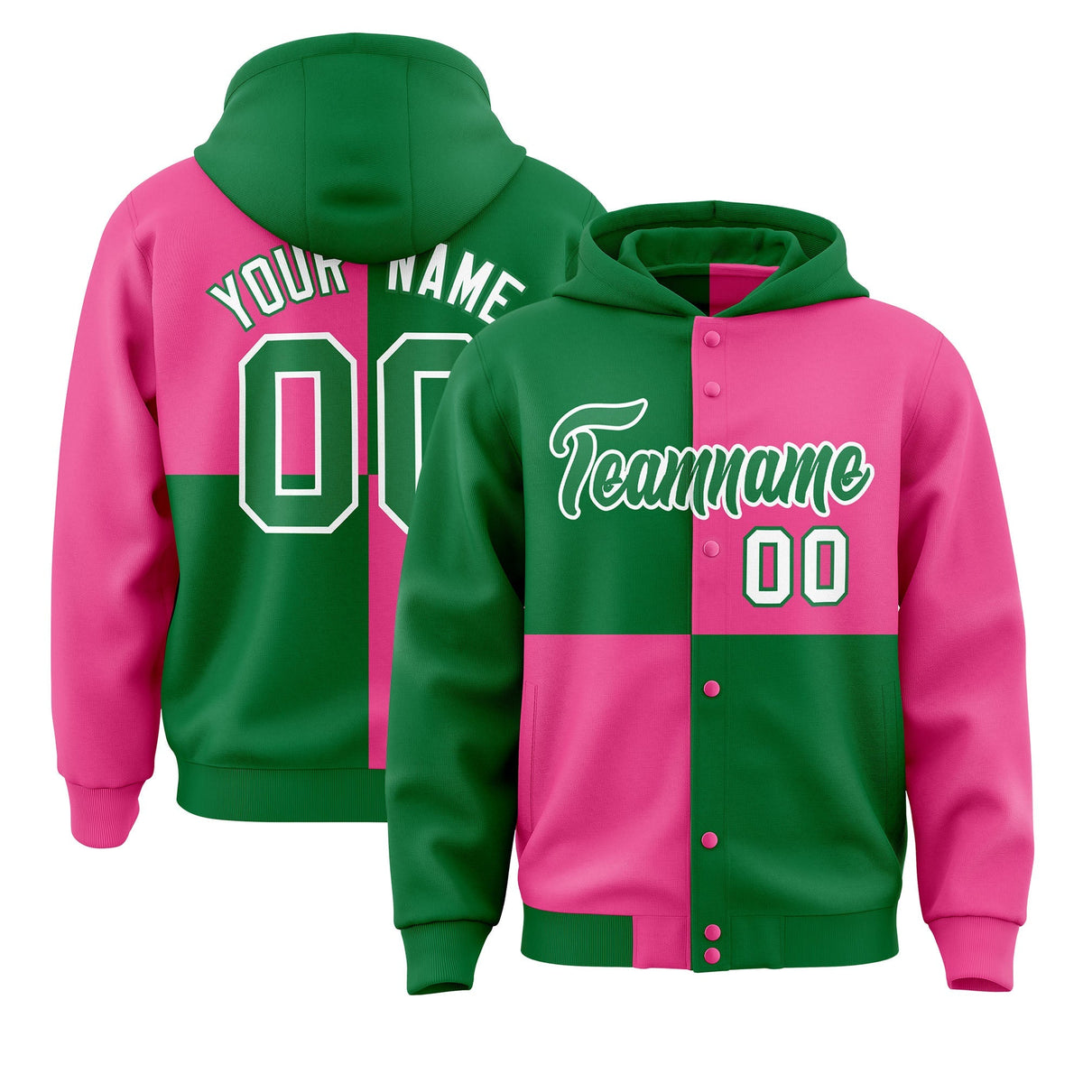 Custom Kelly Green Pink Varsity Full-Snap Four Squares Color Block Letterman Jacket Hoodie| KXKSHOP