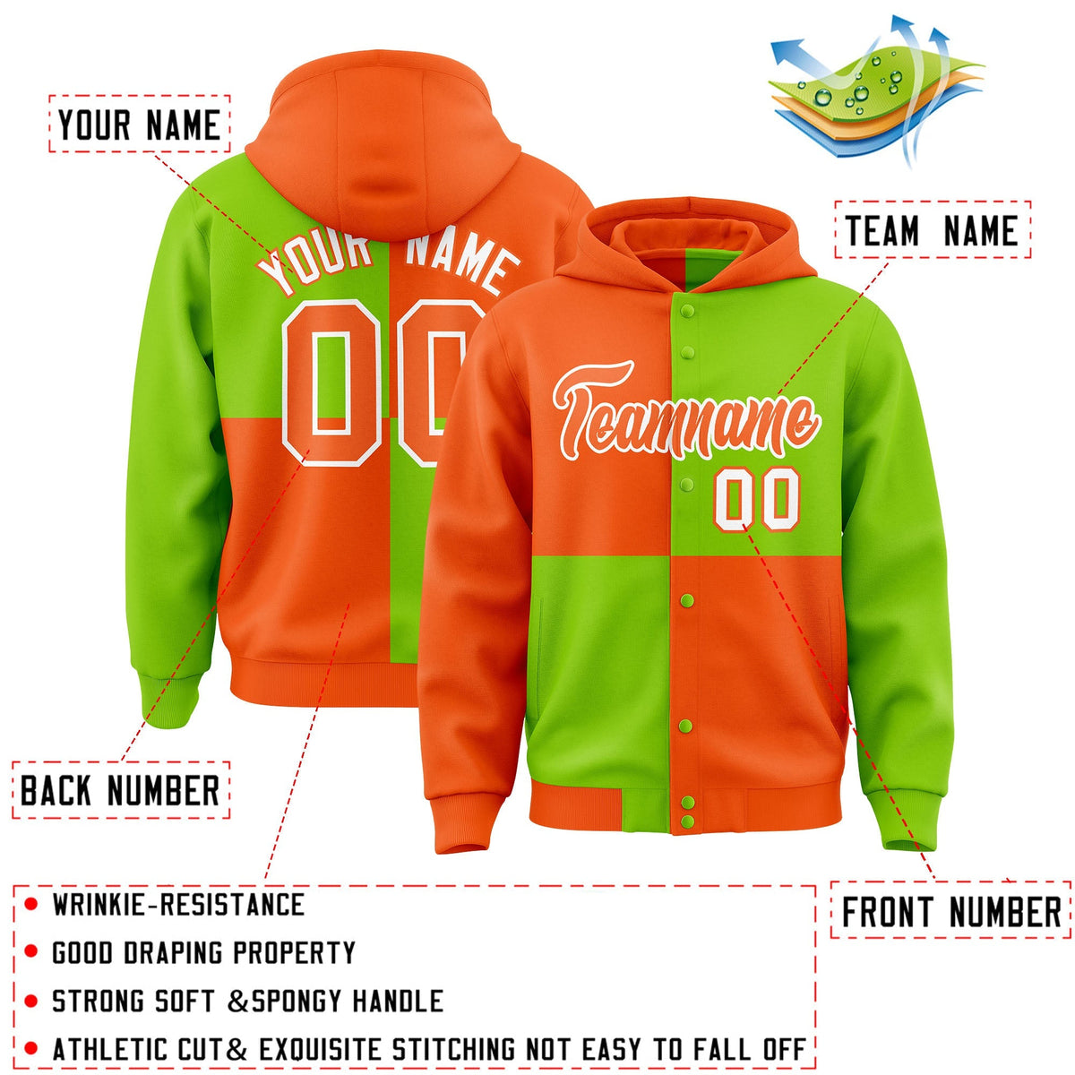 Custom Orange Neon Green Varsity Full-Snap Four Squares Color Block Letterman Jacket Hoodie| KXKSHOP