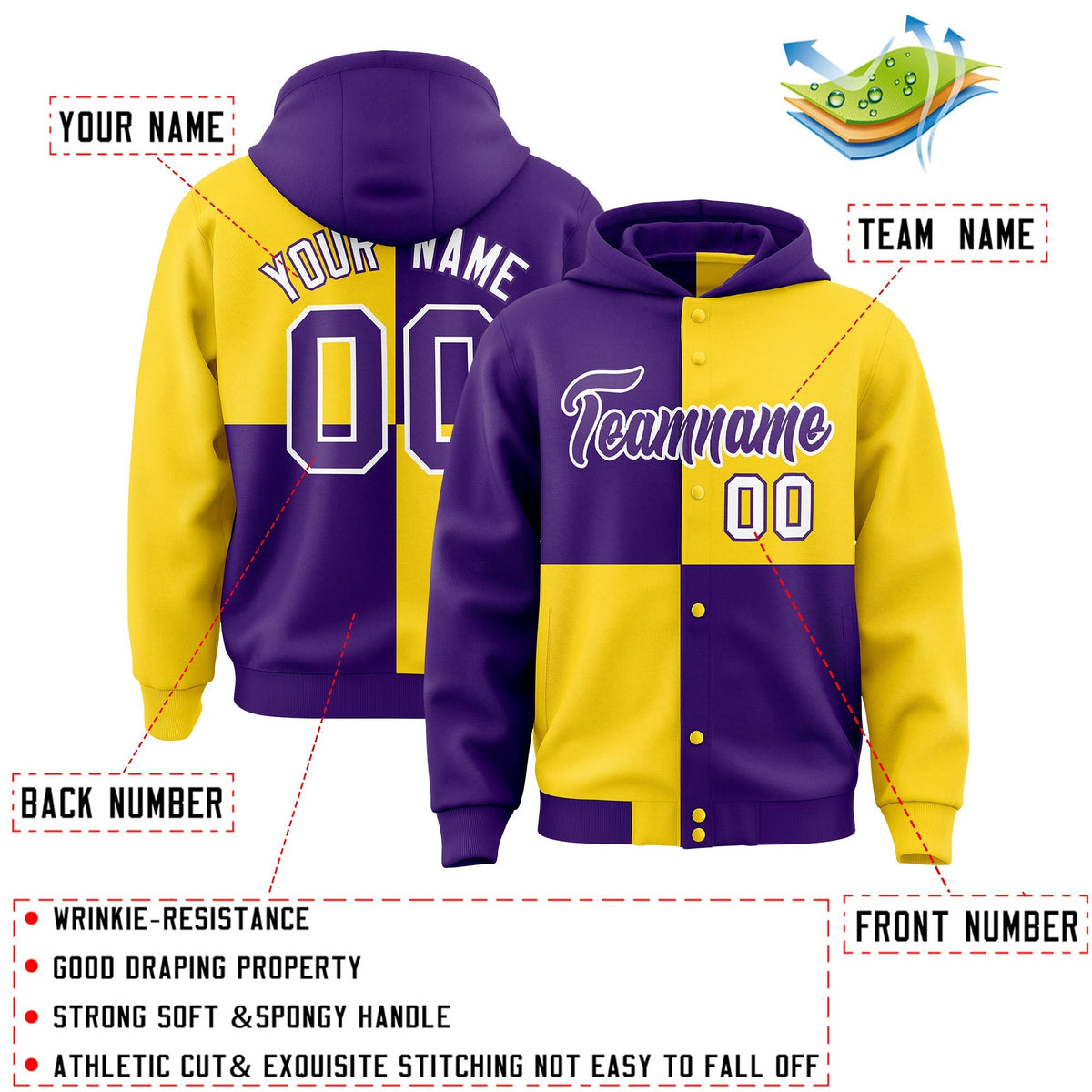 Custom Purple Gold Varsity Full-Snap Four Squares Color Block Letterman Jacket Hoodie| KXKSHOP