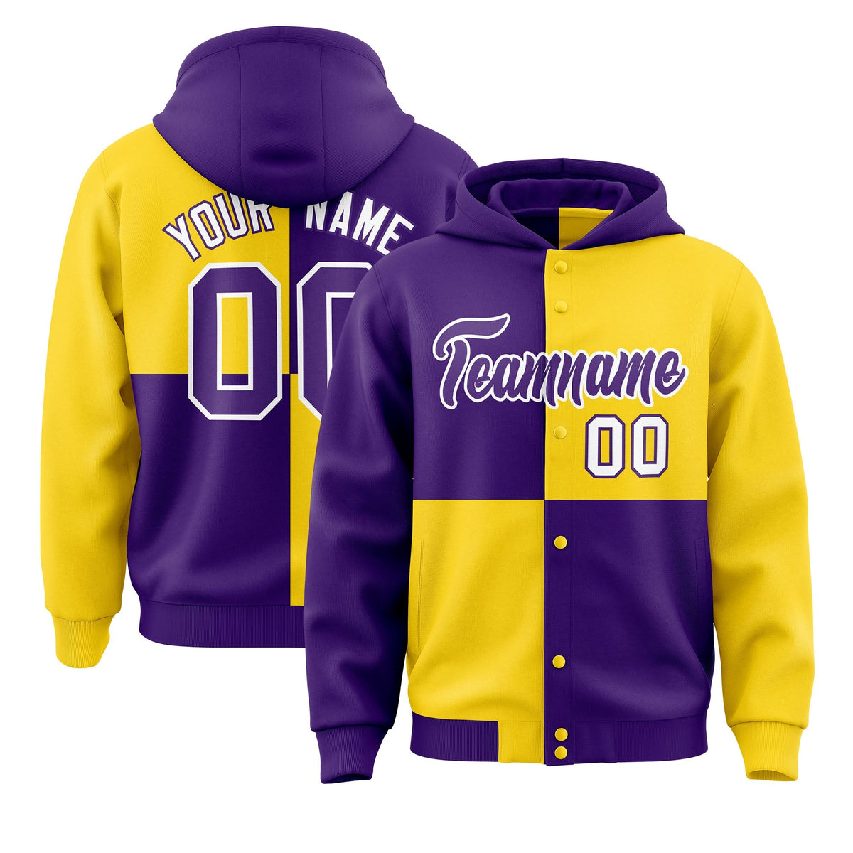Custom Purple Gold Varsity Full-Snap Four Squares Color Block Letterman Jacket Hoodie| KXKSHOP