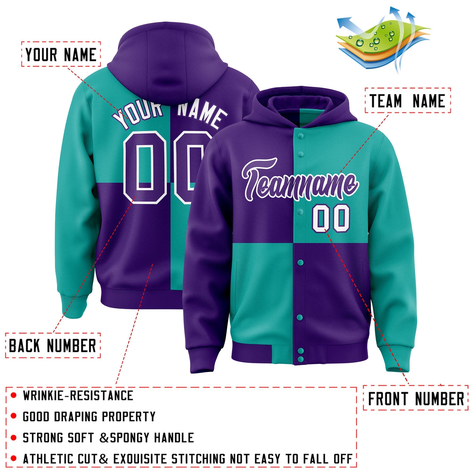 Custom Purple Aqua Varsity Full-Snap Four Squares Color Block Letterman Jacket Hoodie| KXKSHOP