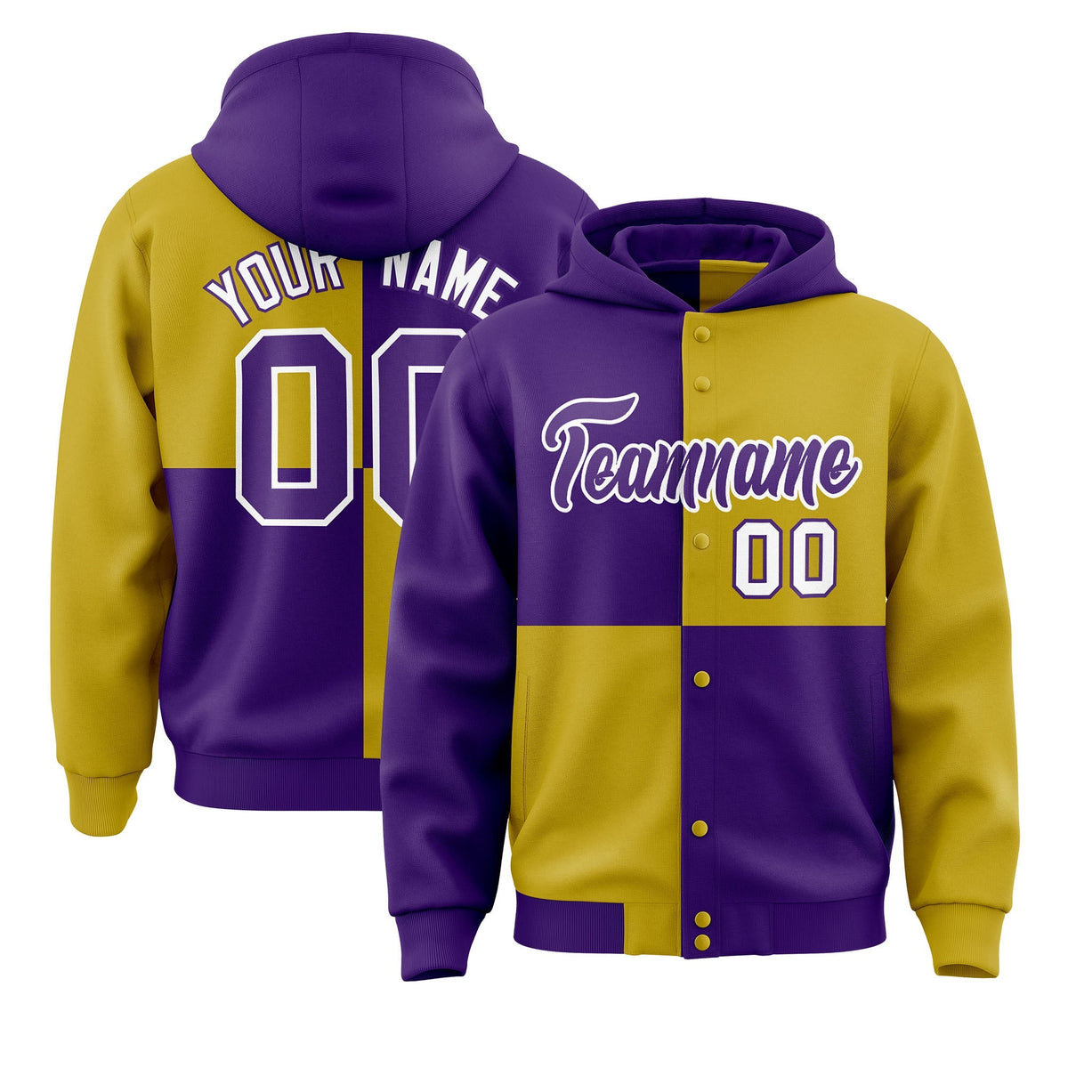 Custom Purple Old Gold Varsity Full-Snap Four Squares Color Block Letterman Jacket Hoodie| KXKSHOP