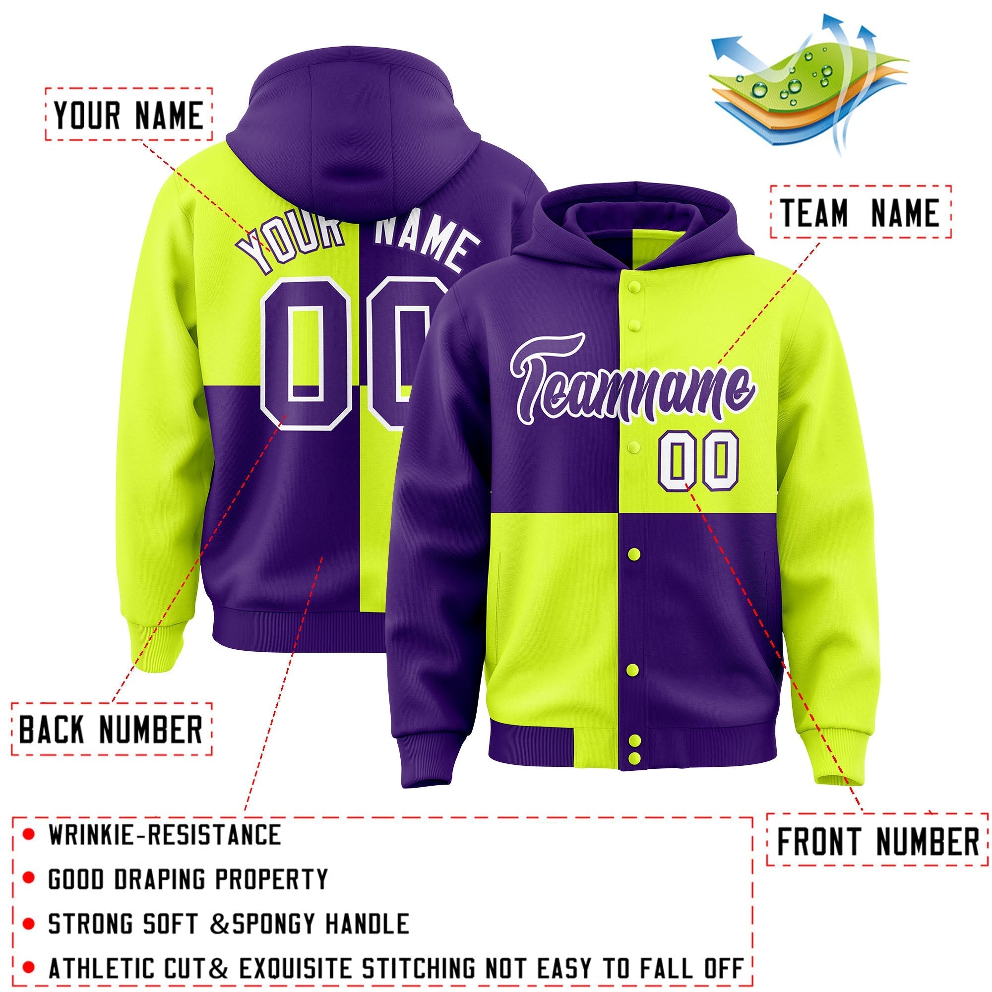 Custom Purple Green Varsity Full-Snap Four Squares Color Block Letterman Jacket Hoodie| KXKSHOP