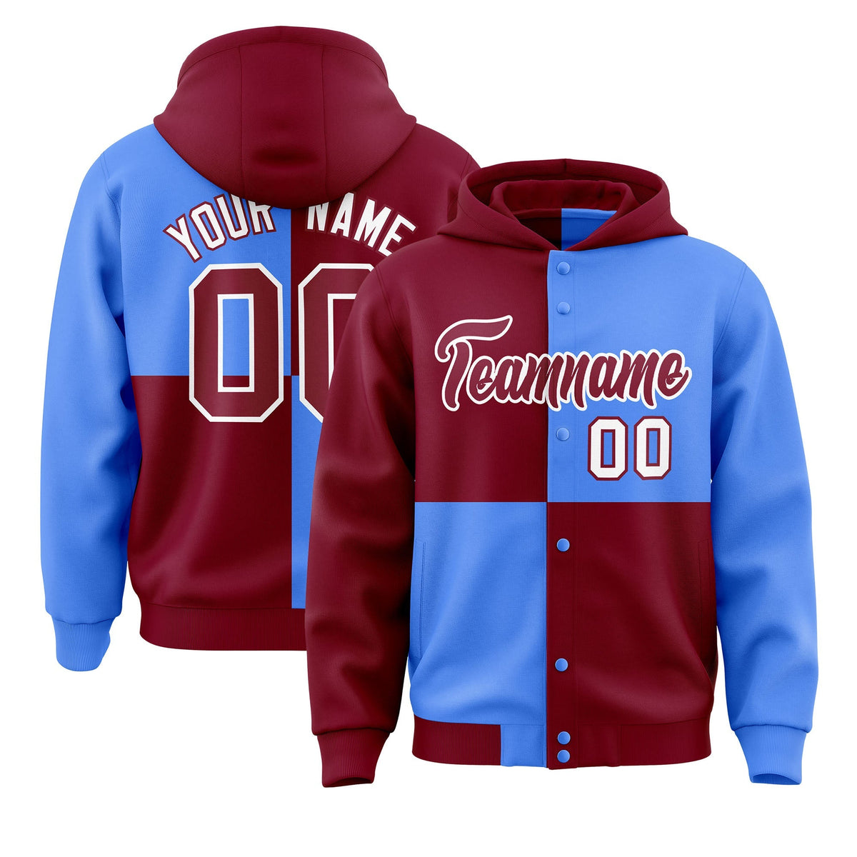 Custom Crimson Powder Blue Varsity Full-Snap Four Squares Color Block Letterman Jacket Hoodie| KXKSHOP
