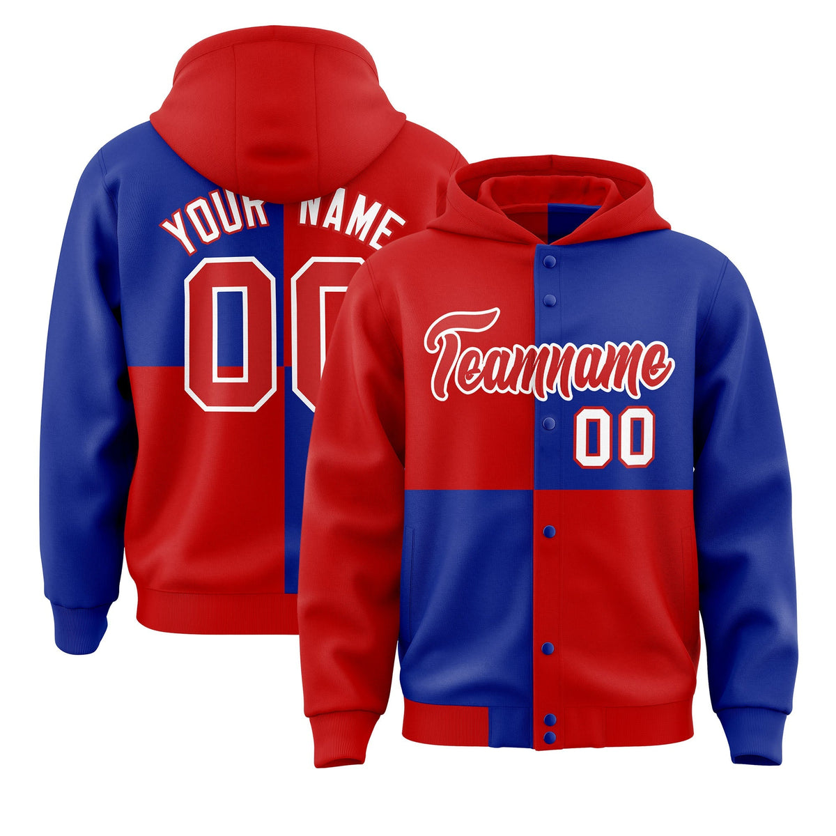 Custom Red Royal Varsity Full-Snap Four Squares Color Block Letterman Jacket Hoodie| KXKSHOP
