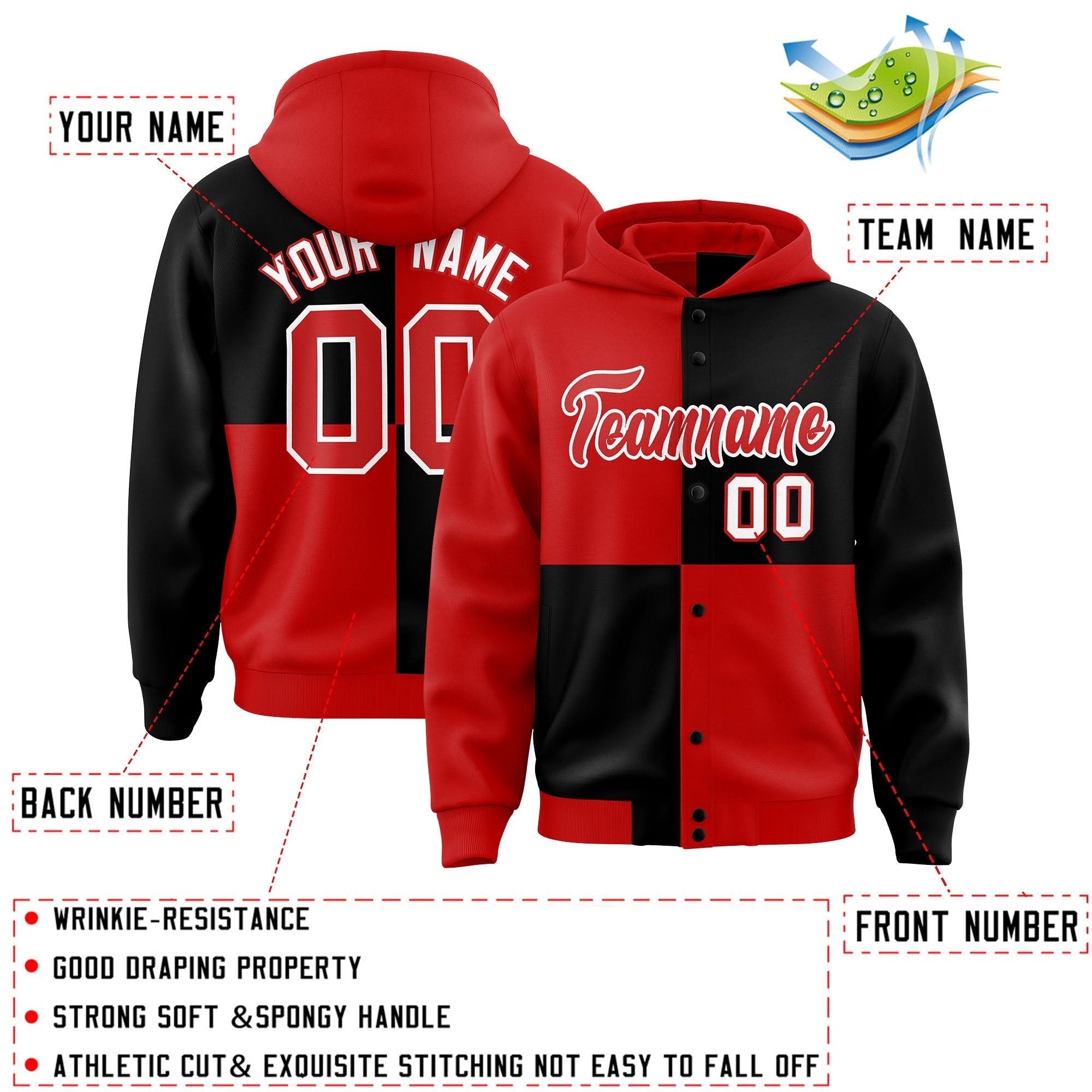 Custom Red Black Varsity Full-Snap Four Squares Color Block Letterman Jacket Hoodie| KXKSHOP
