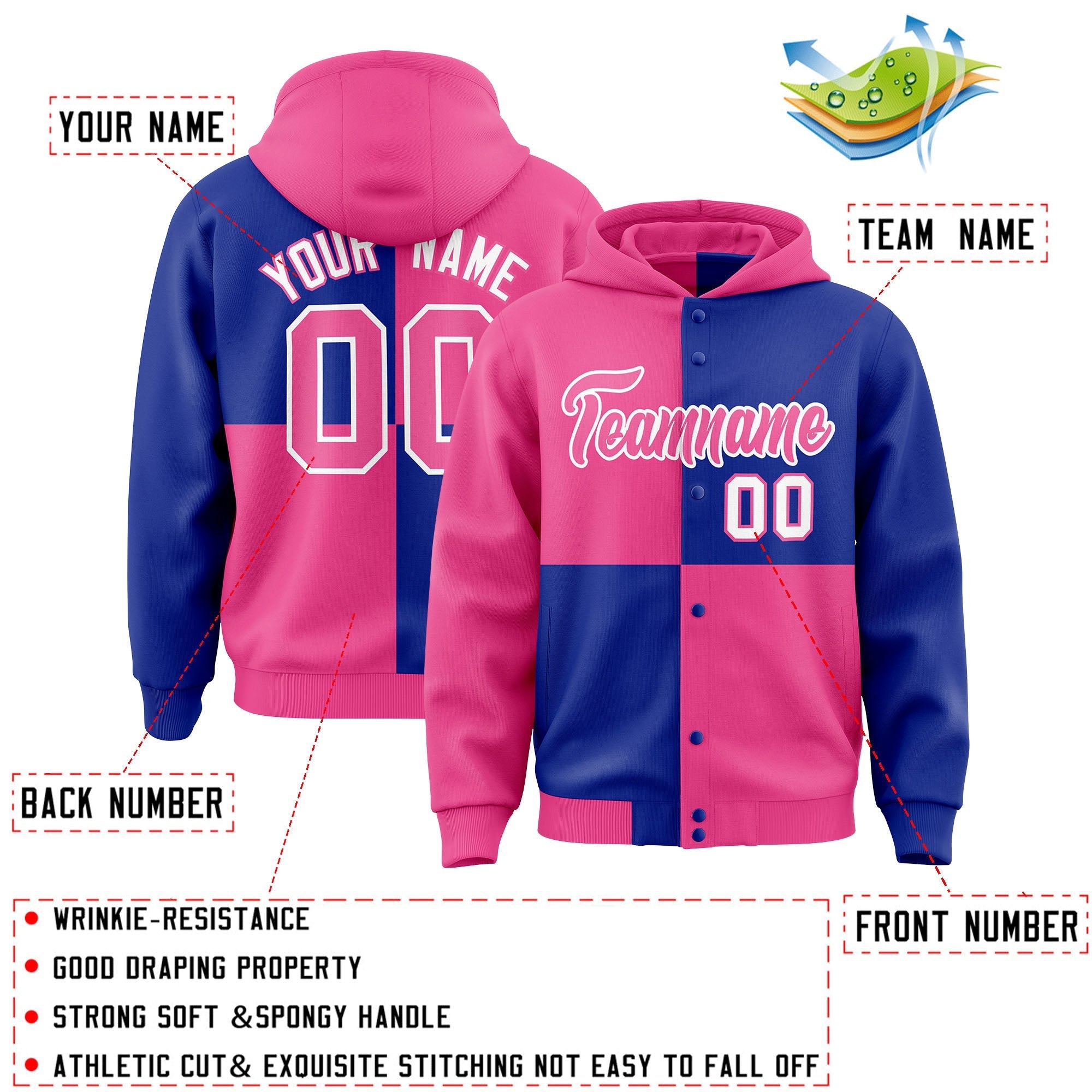 Custom Pink Royal Varsity Full-Snap Four Squares Color Block Letterman Jacket Hoodie| KXKSHOP
