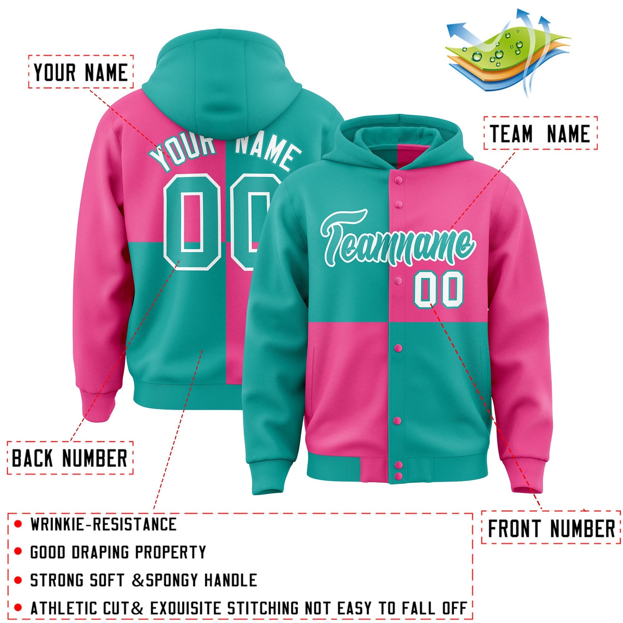 Custom Aqua Pink Varsity Full-Snap Four Squares Color Block Letterman Jacket Hoodie| KXKSHOP