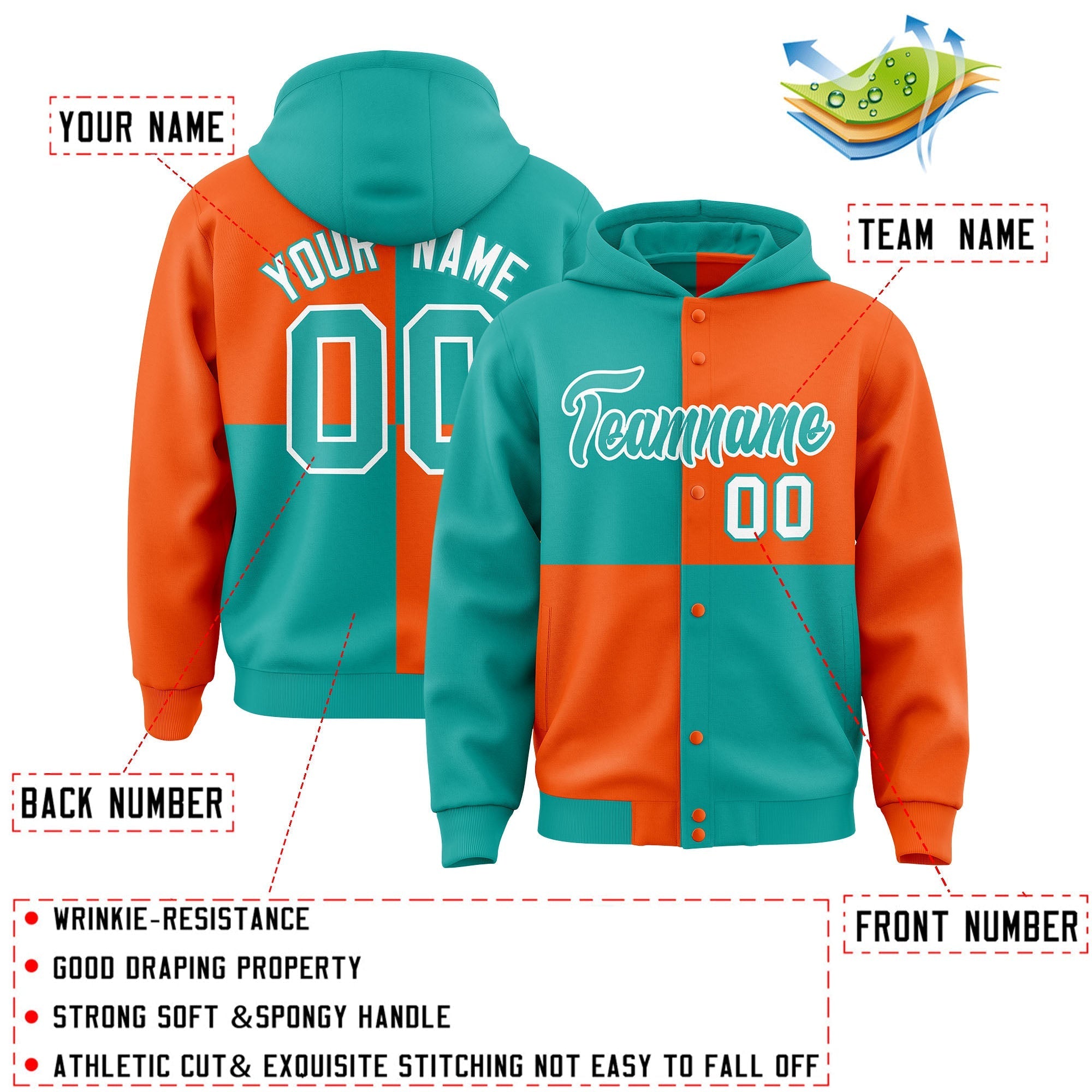 Custom Aqua Orange Varsity Full-Snap Four Squares Color Block Letterman Jacket Hoodie| KXKSHOP