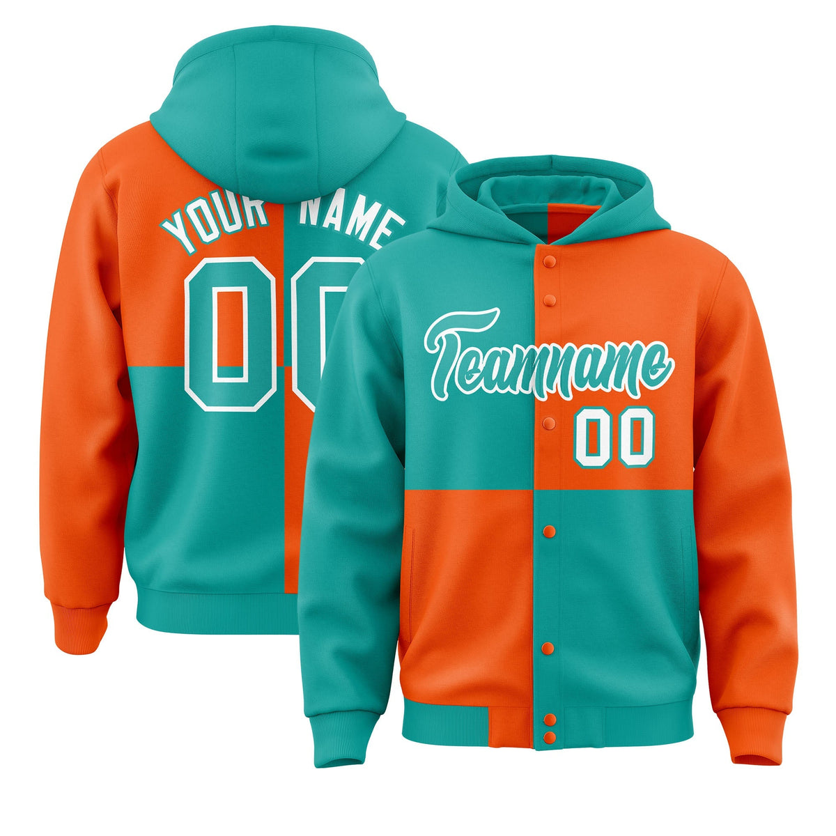 Custom Aqua Orange Varsity Full-Snap Four Squares Color Block Letterman Jacket Hoodie| KXKSHOP