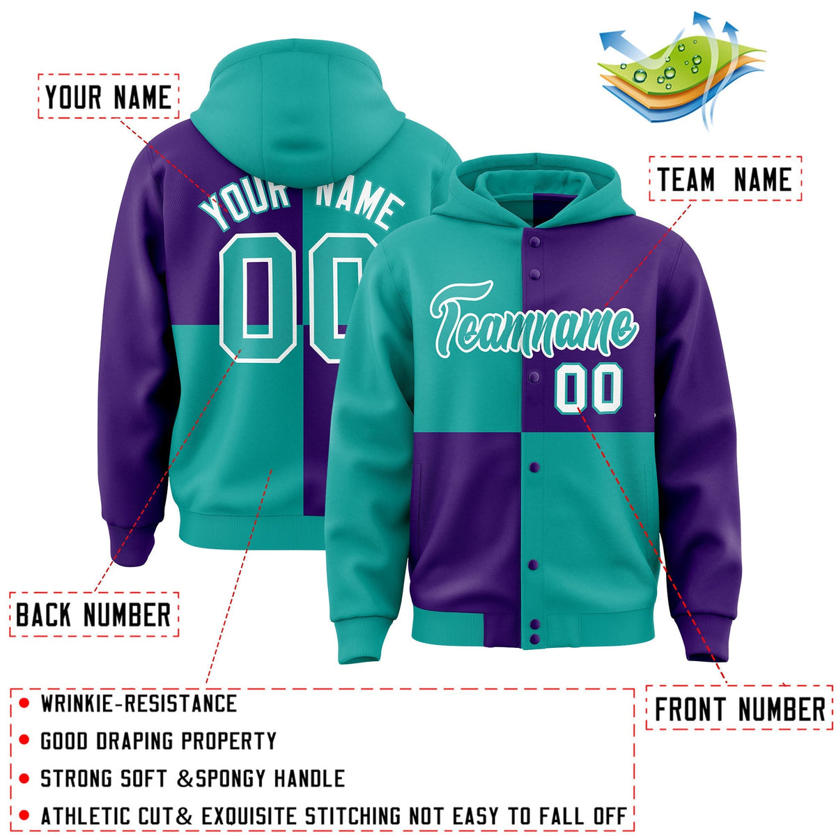 Custom Aqua Purple Varsity Full-Snap Four Squares Color Block Letterman Jacket Hoodie| KXKSHOP