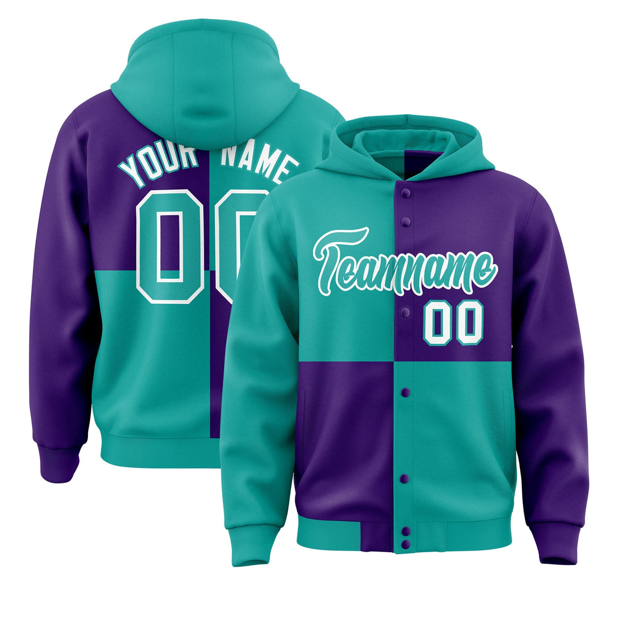 Custom Aqua Purple Varsity Full-Snap Four Squares Color Block Letterman Jacket Hoodie| KXKSHOP