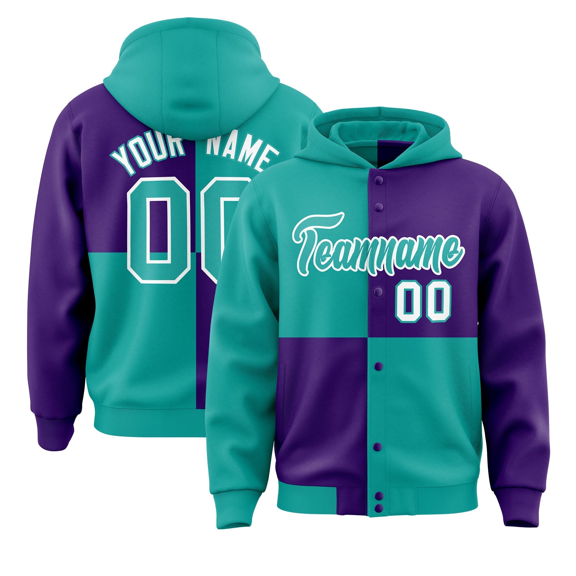 Custom Aqua Purple Varsity Full-Snap Four Squares Color Block Letterman Jacket Hoodie| KXKSHOP