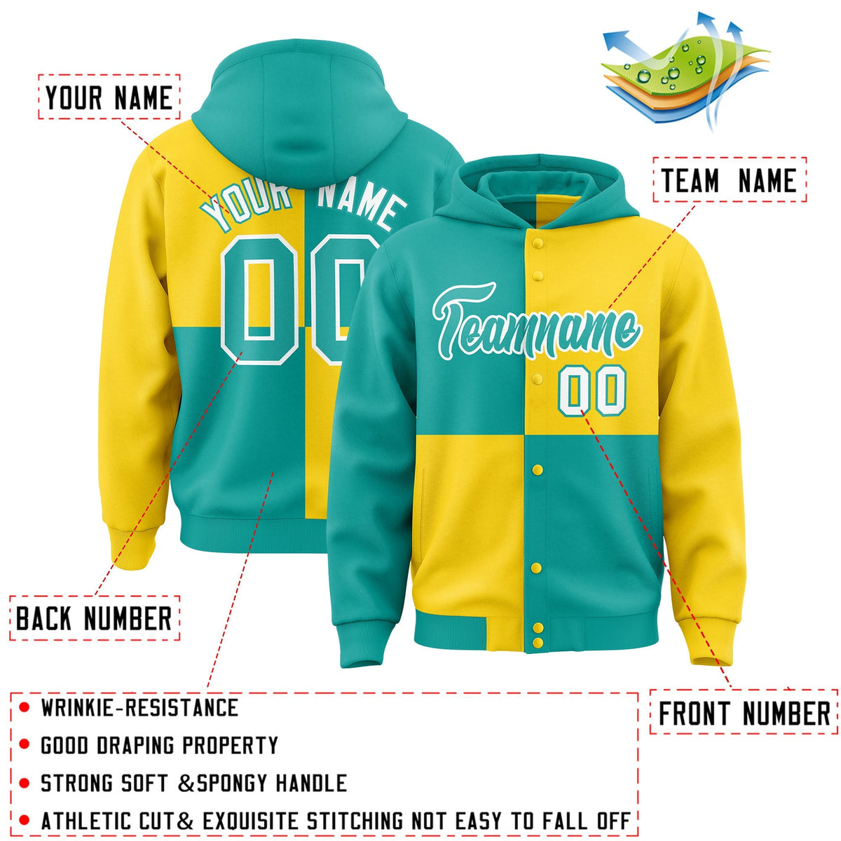 Custom Aqua Gold Varsity Full-Snap Four Squares Color Block Letterman Jacket Hoodie| KXKSHOP