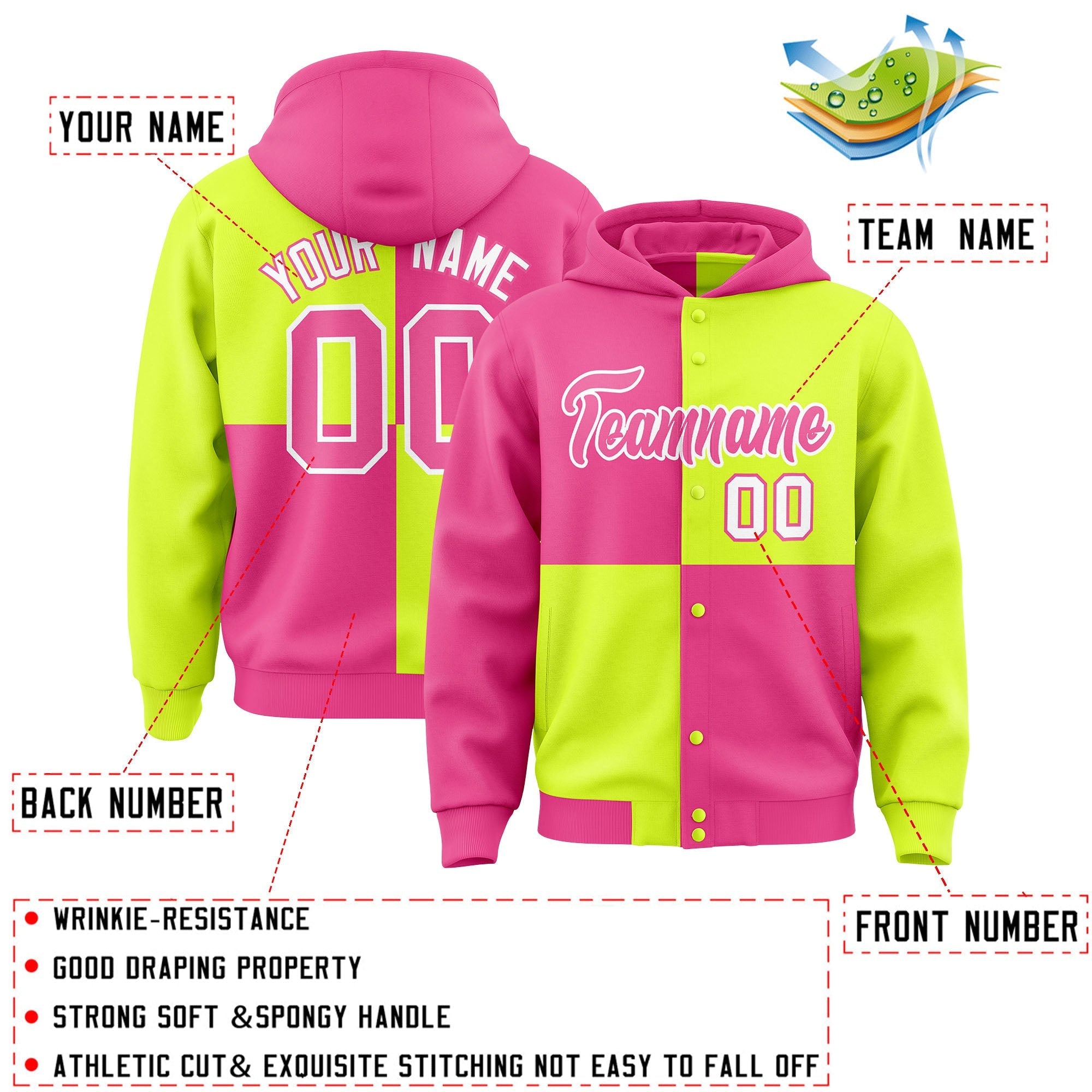Custom Pink Green Varsity Full-Snap Four Squares Color Block Letterman Jacket Hoodie| KXKSHOP