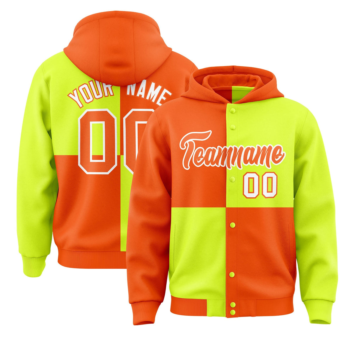 Custom Orange Green Varsity Full-Snap Four Squares Color Block Letterman Jacket Hoodie| KXKSHOP