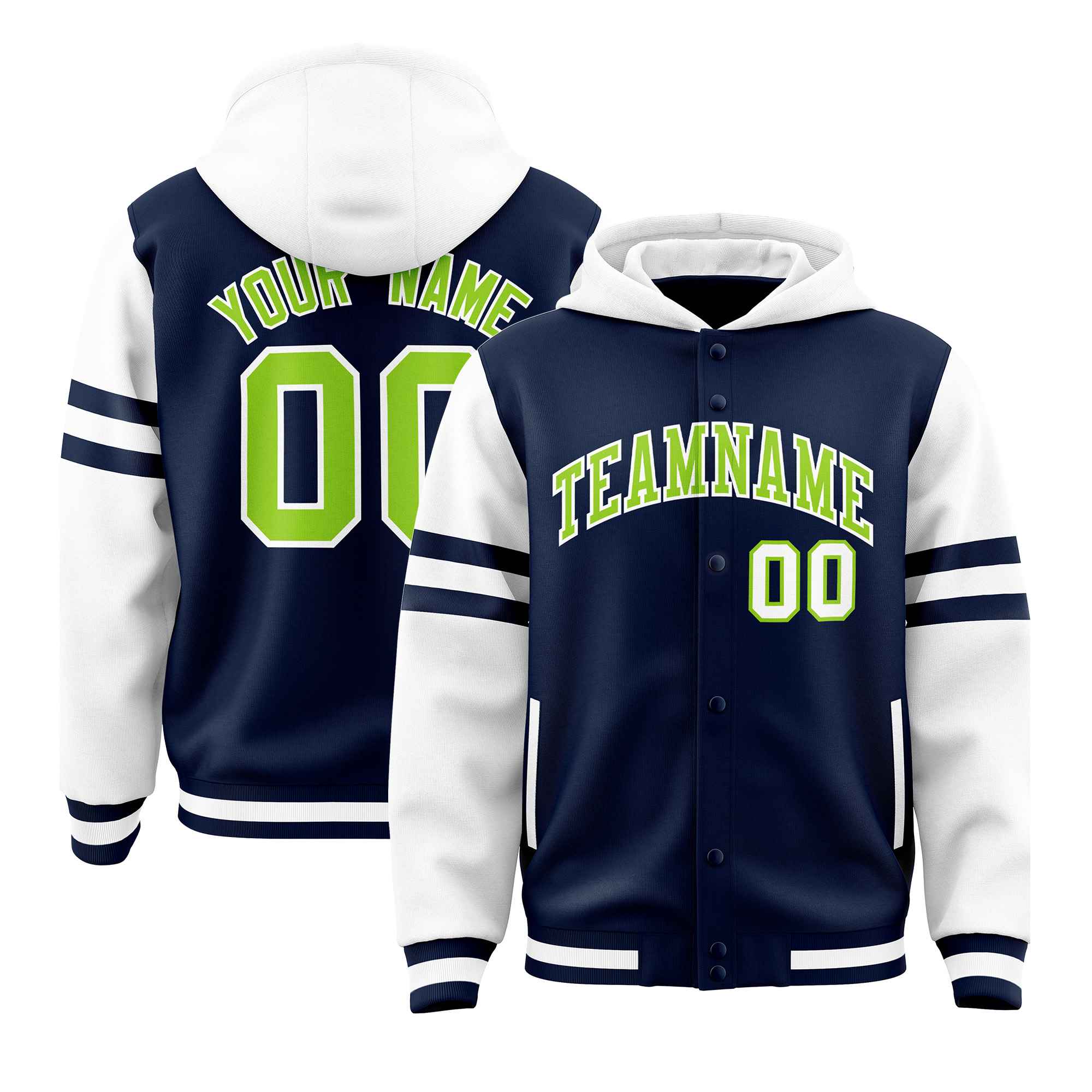 Custom Navy White Raglan Sleeves Varsity Full-Snap Letterman Three Stripes Jacket Hoodie| KXKSHOP