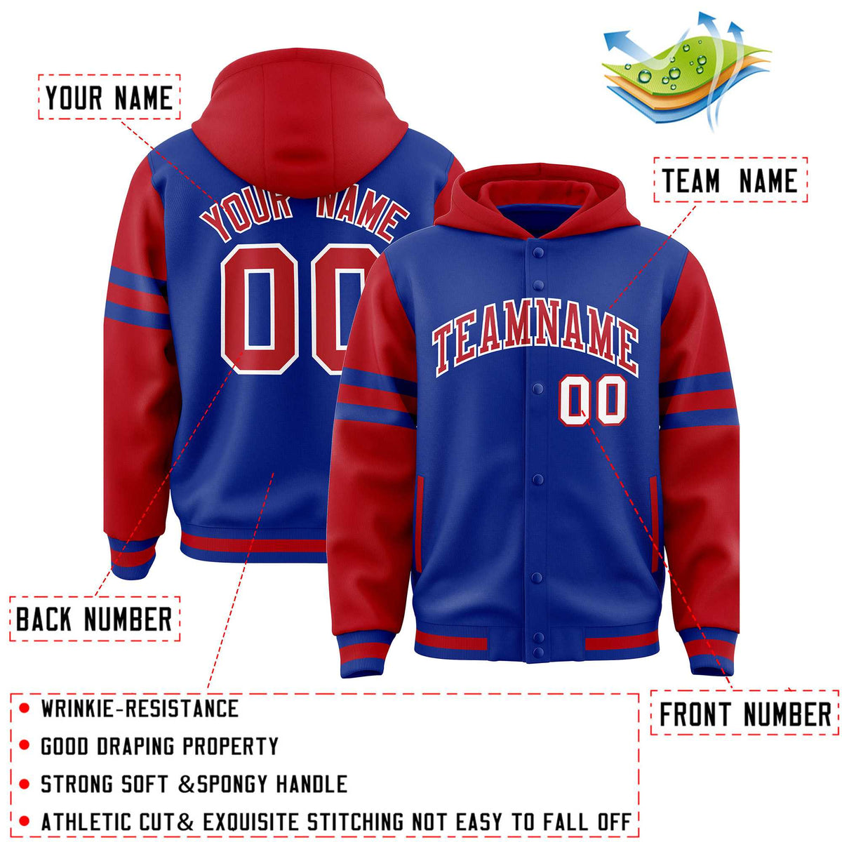 Custom Royal Red Raglan Sleeves Varsity Full-Snap Letterman Three Stripes Jacket Hoodie| KXKSHOP