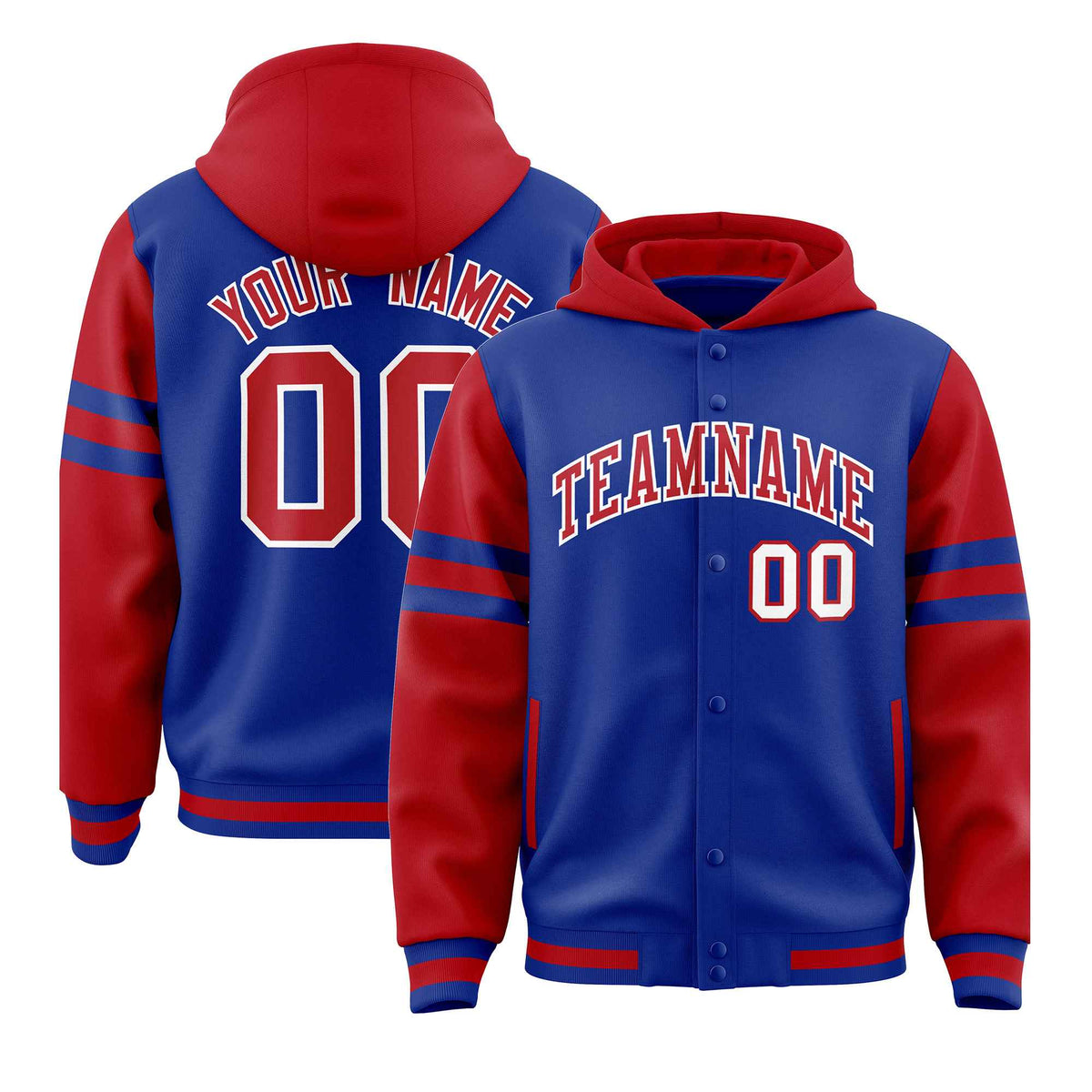 Custom Royal Red Raglan Sleeves Varsity Full-Snap Letterman Three Stripes Jacket Hoodie| KXKSHOP