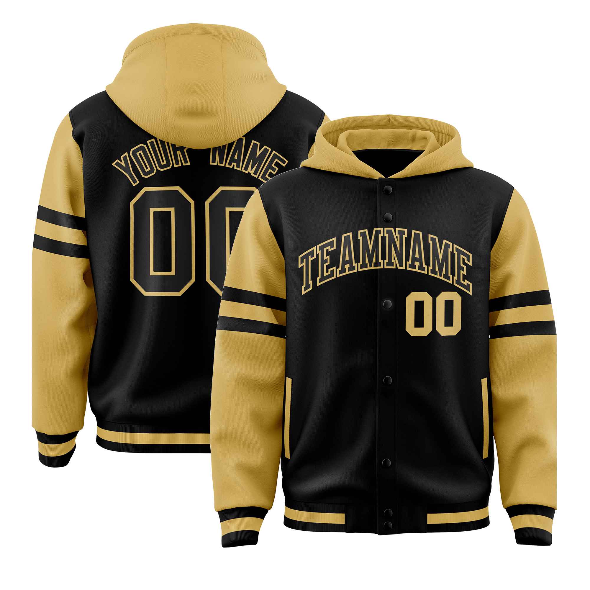 Custom Black Old Gold Raglan Sleeves Varsity Full-Snap Letterman Three Stripes Jacket Hoodie| KXKSHOP