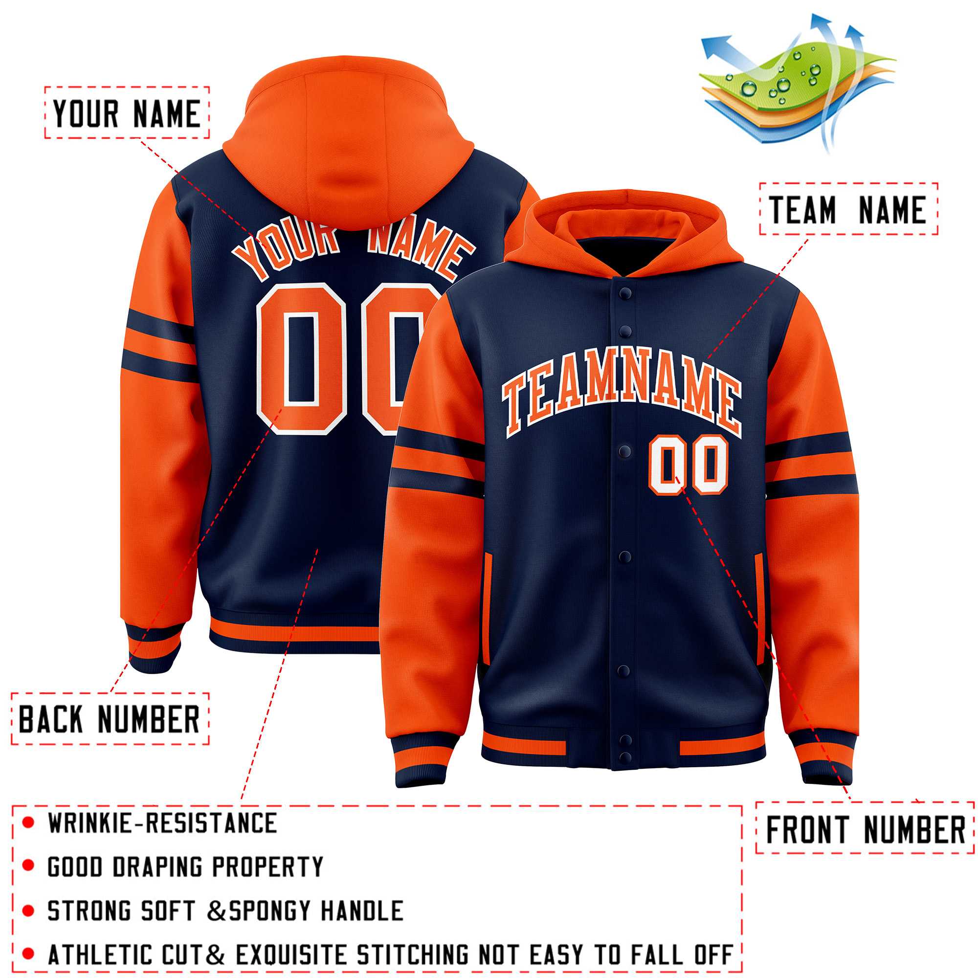 Custom Navy Orange Raglan Sleeves Varsity Full-Snap Letterman Three Stripes Jacket Hoodie| KXKSHOP