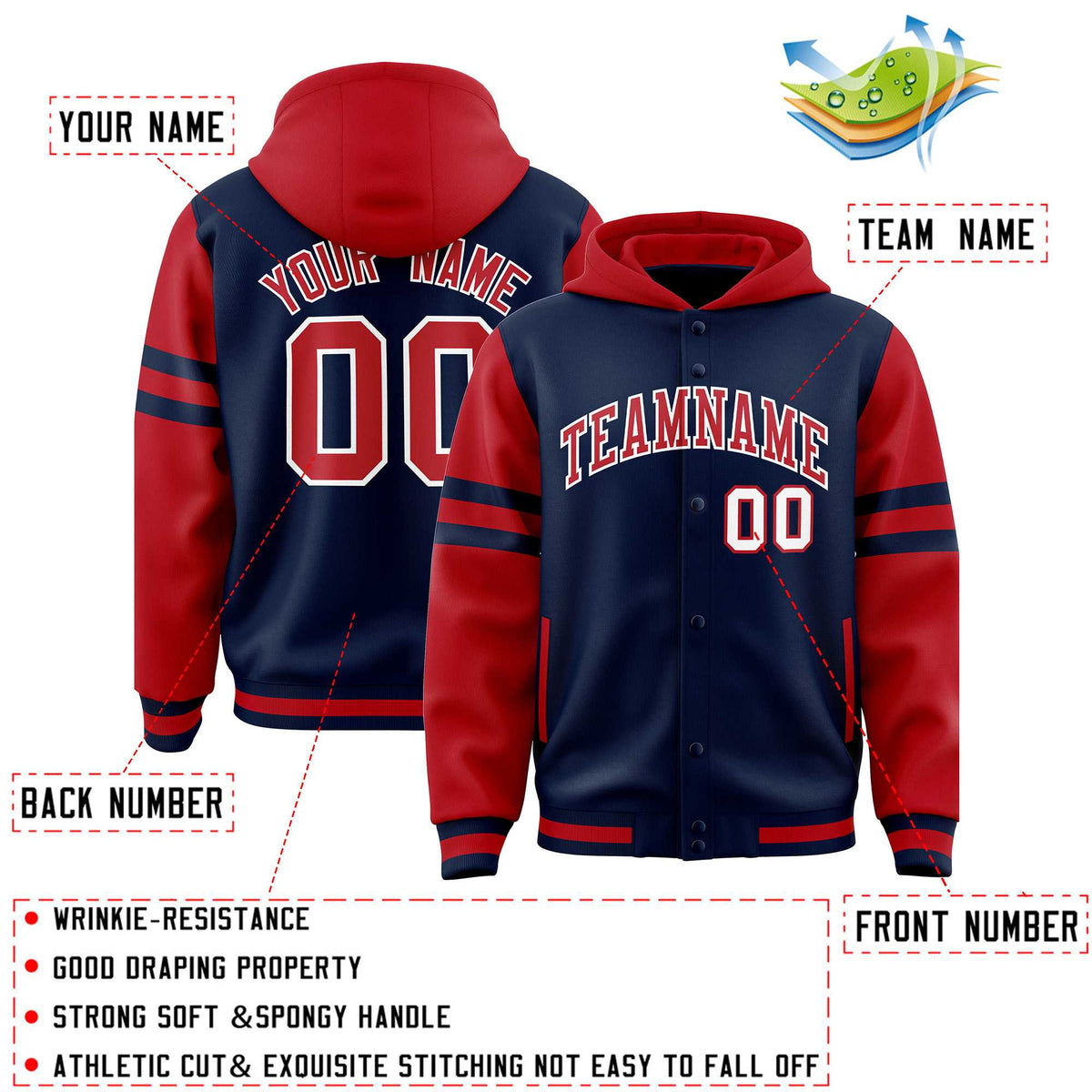 Custom Navy Red Raglan Sleeves Varsity Full-Snap Letterman Three Stripes Jacket Hoodie| KXKSHOP