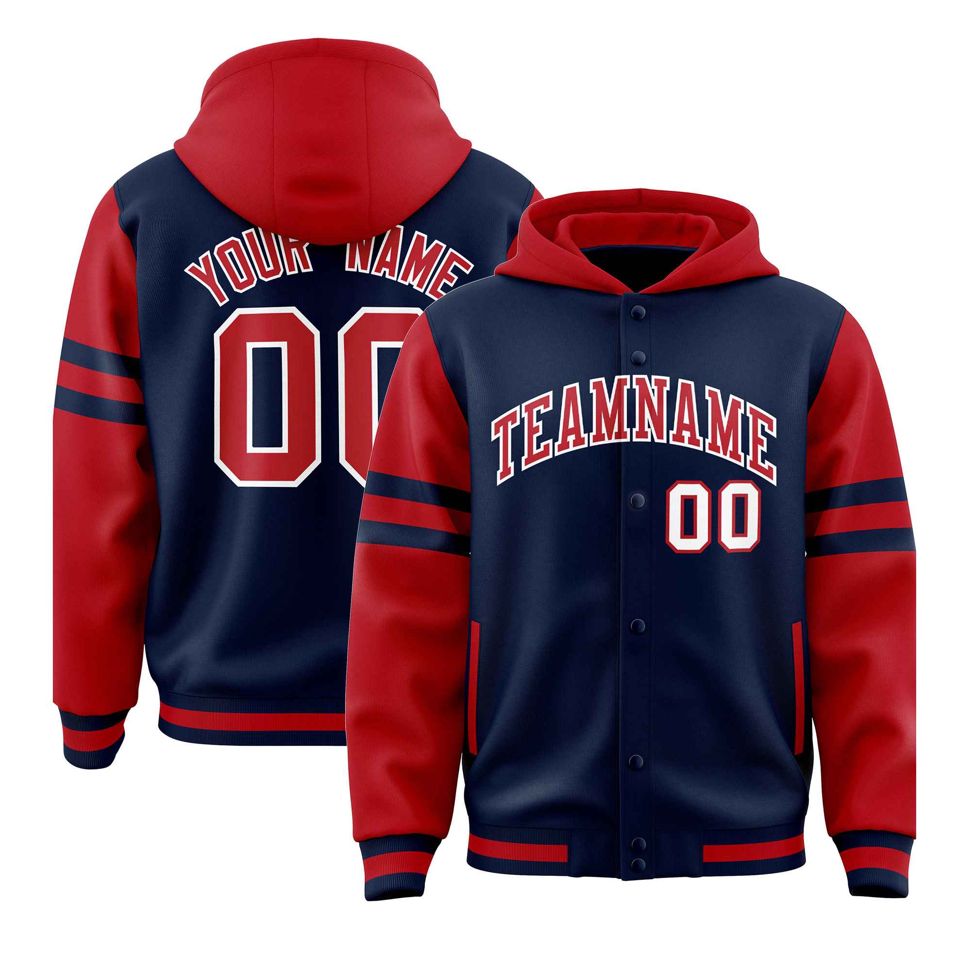 Custom Navy Red Raglan Sleeves Varsity Full-Snap Letterman Three Stripes Jacket Hoodie| KXKSHOP