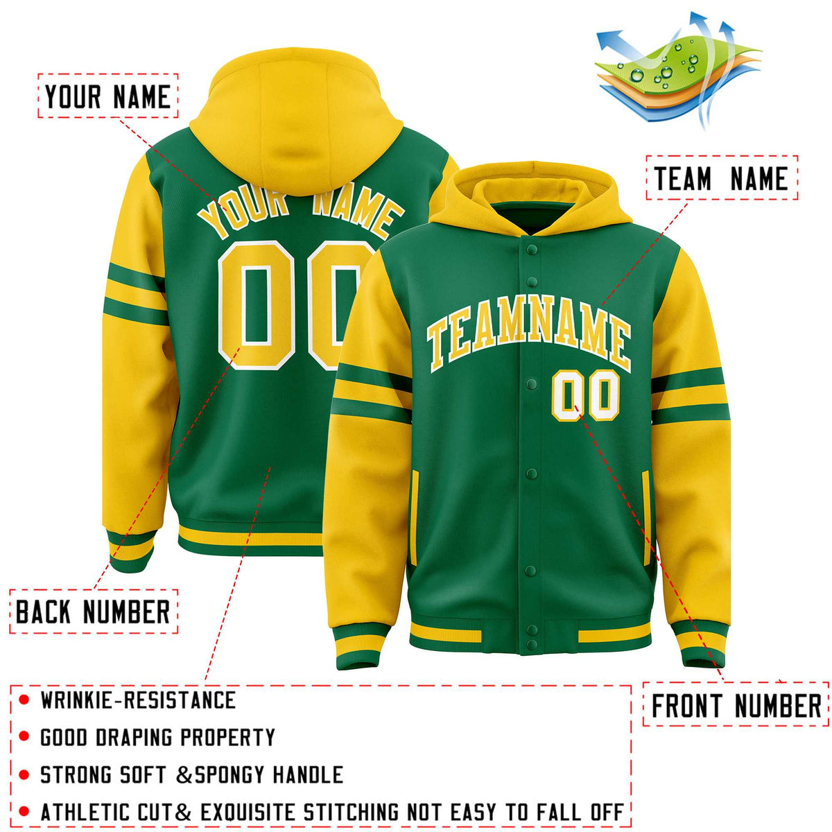 Custom Kelly Green Gold Raglan Sleeves Varsity Full-Snap Letterman Three Stripes Jacket Hoodie| KXKSHOP